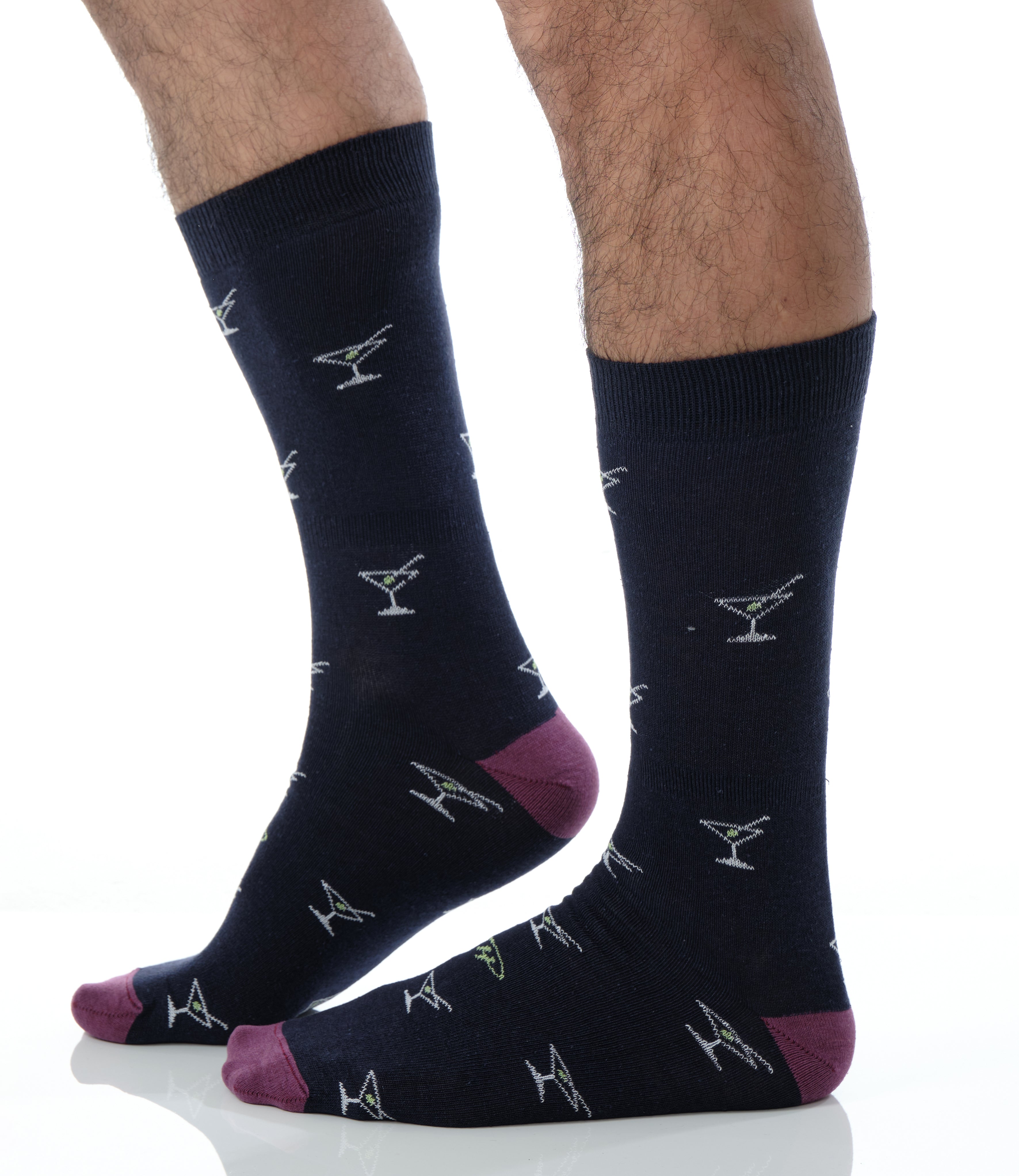 black mid calf dress socks with burgundy toe and heel and cocktail prints