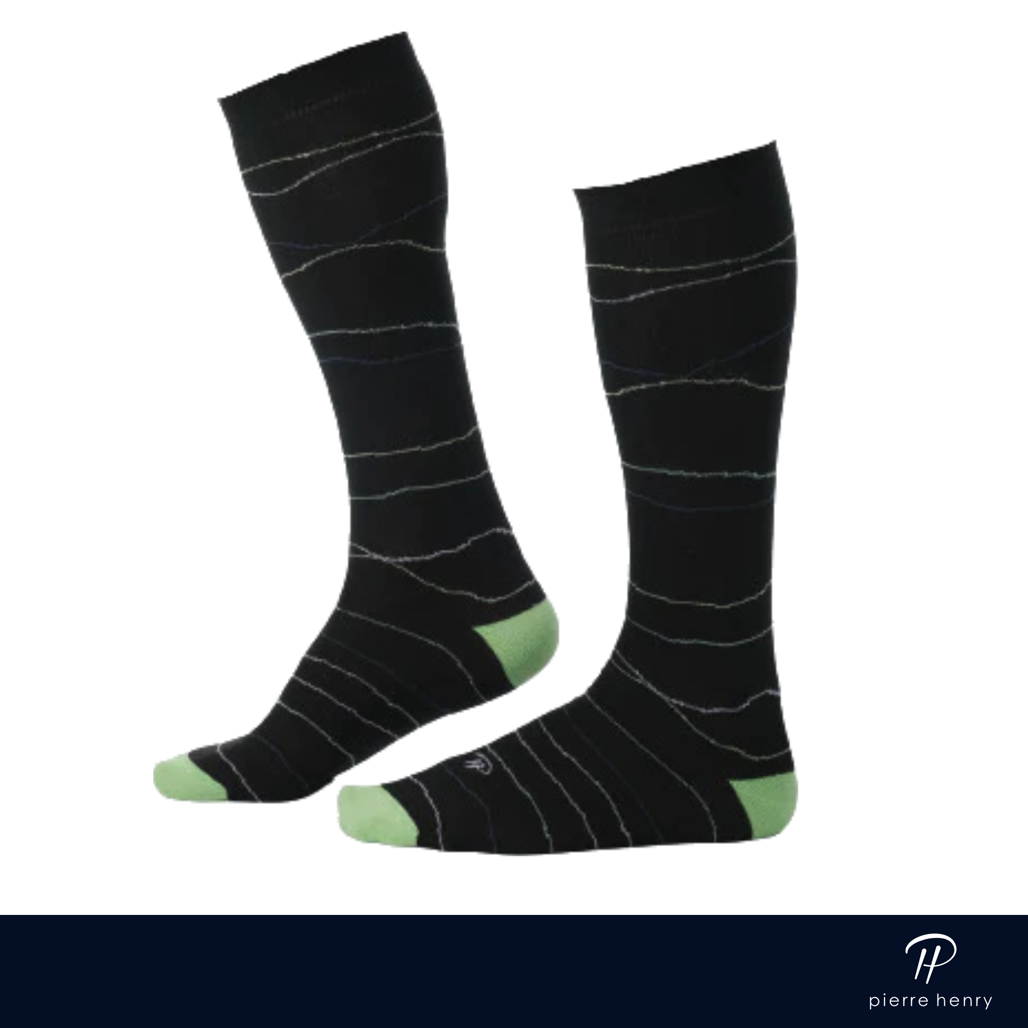 black over the calf dress socks with light green heel and toe and white squiggly lines