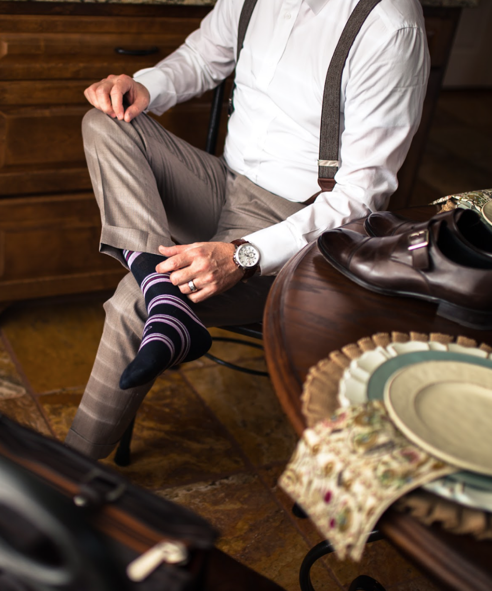 black over the calf dress socks with light pink white and sangria stripes
