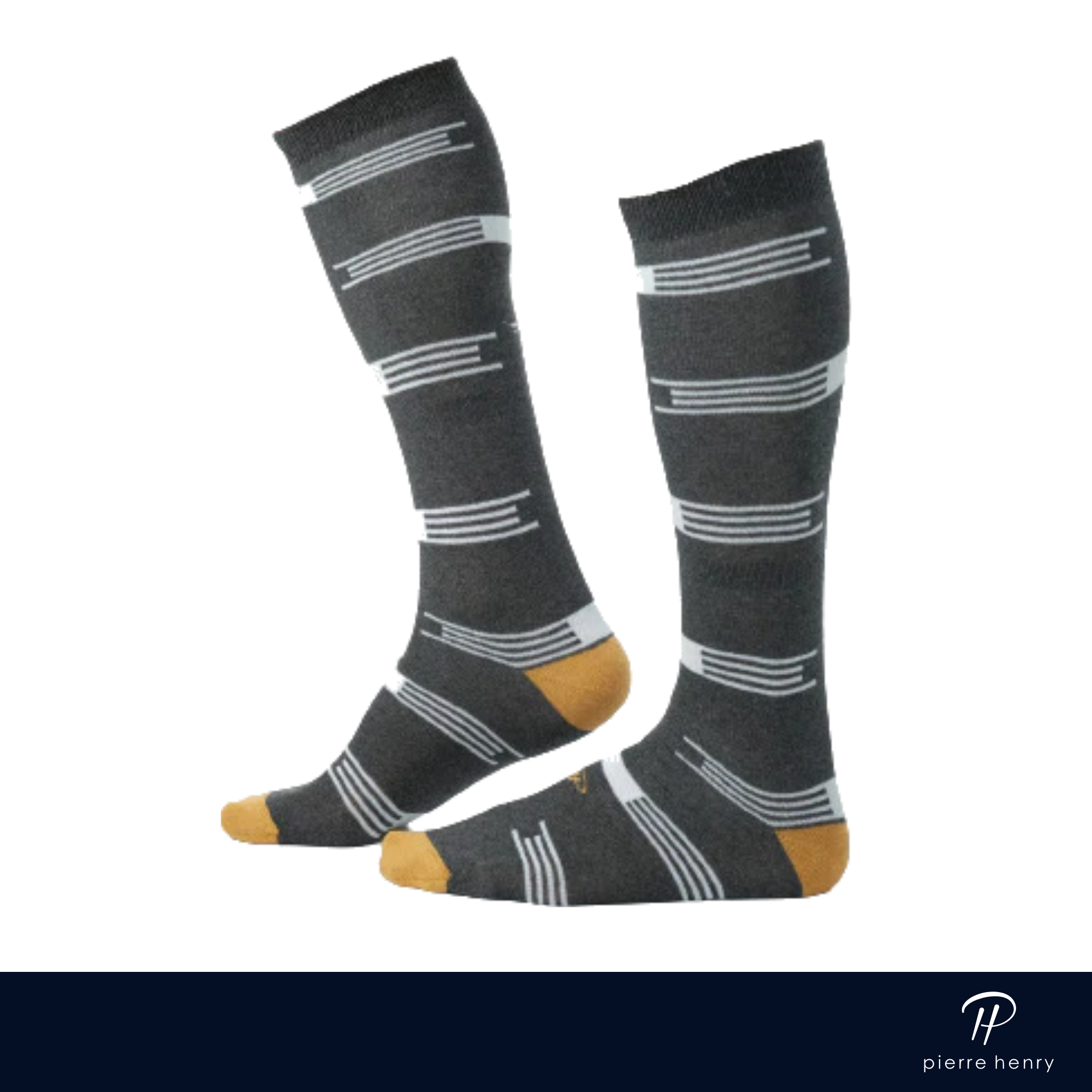 dark grey over the calf dress socks with orange heel and toe and white line pattern