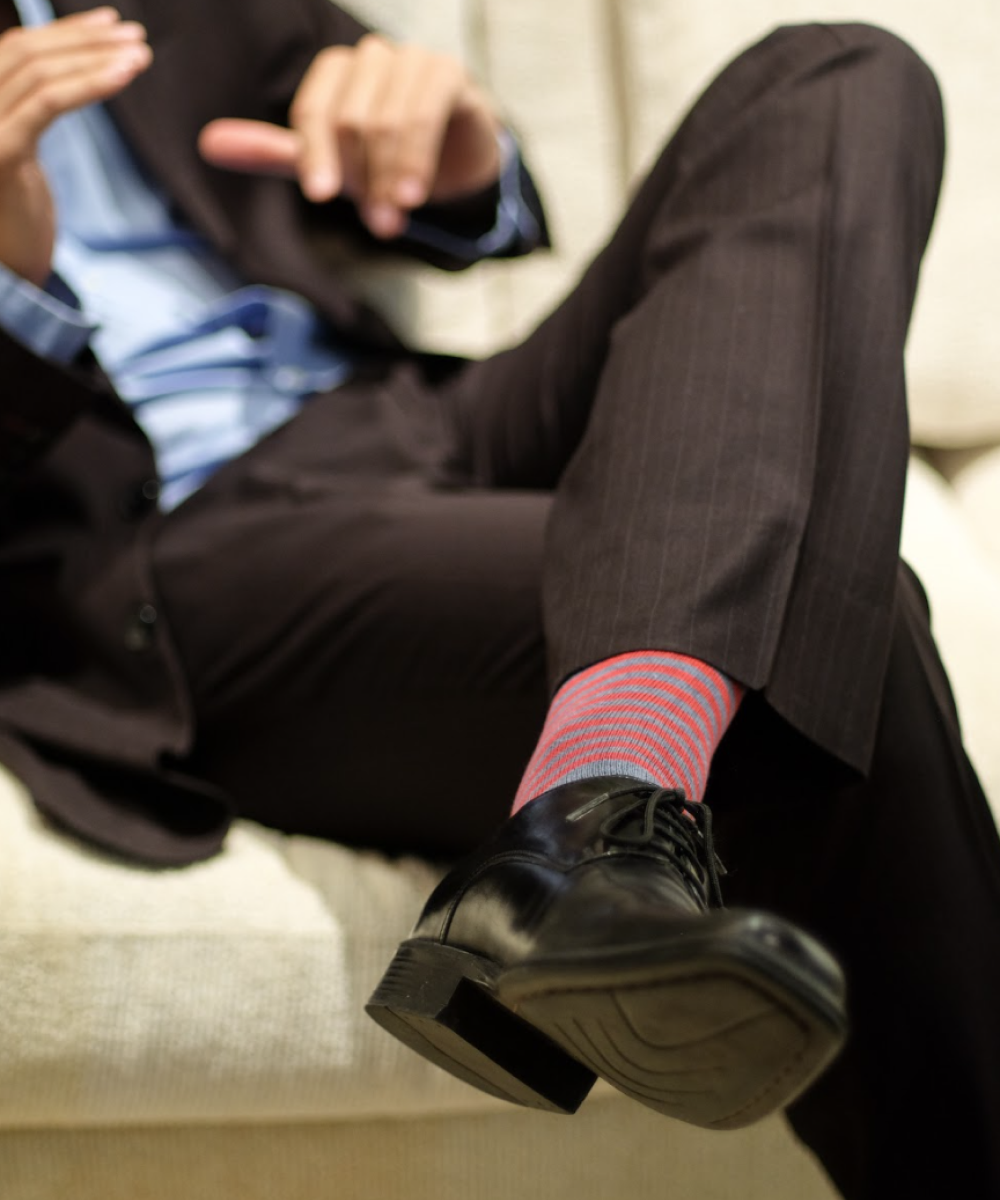 grey and red striped over the calf dress socks