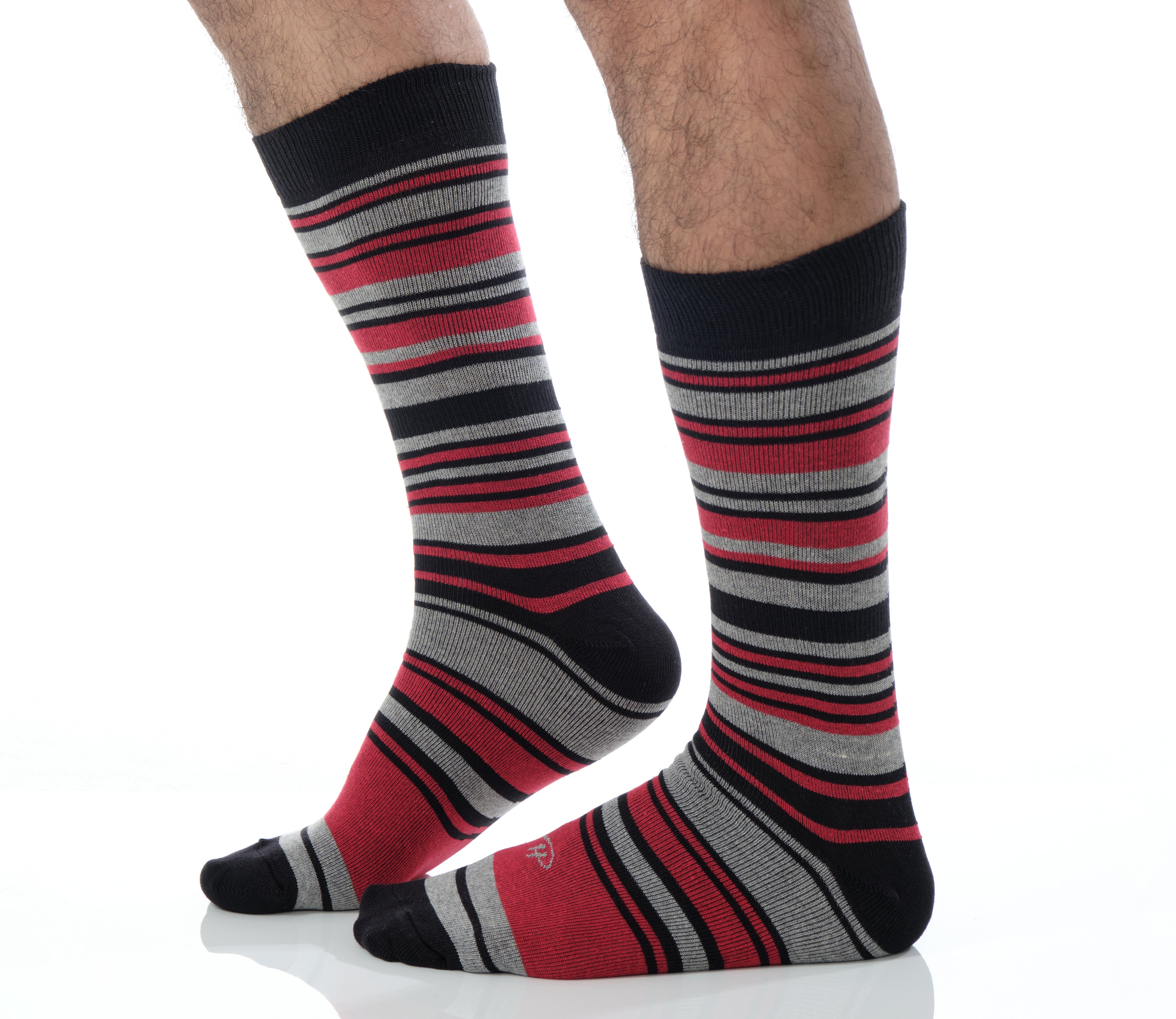 grey mid calf dress socks with red and black stripes