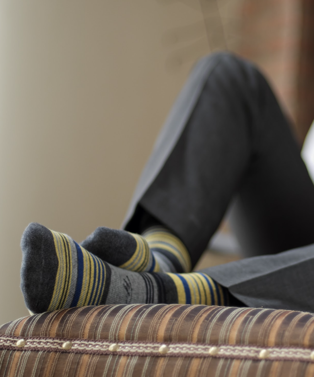 grey over the calf dress socks with yellow light grey and blue stripes