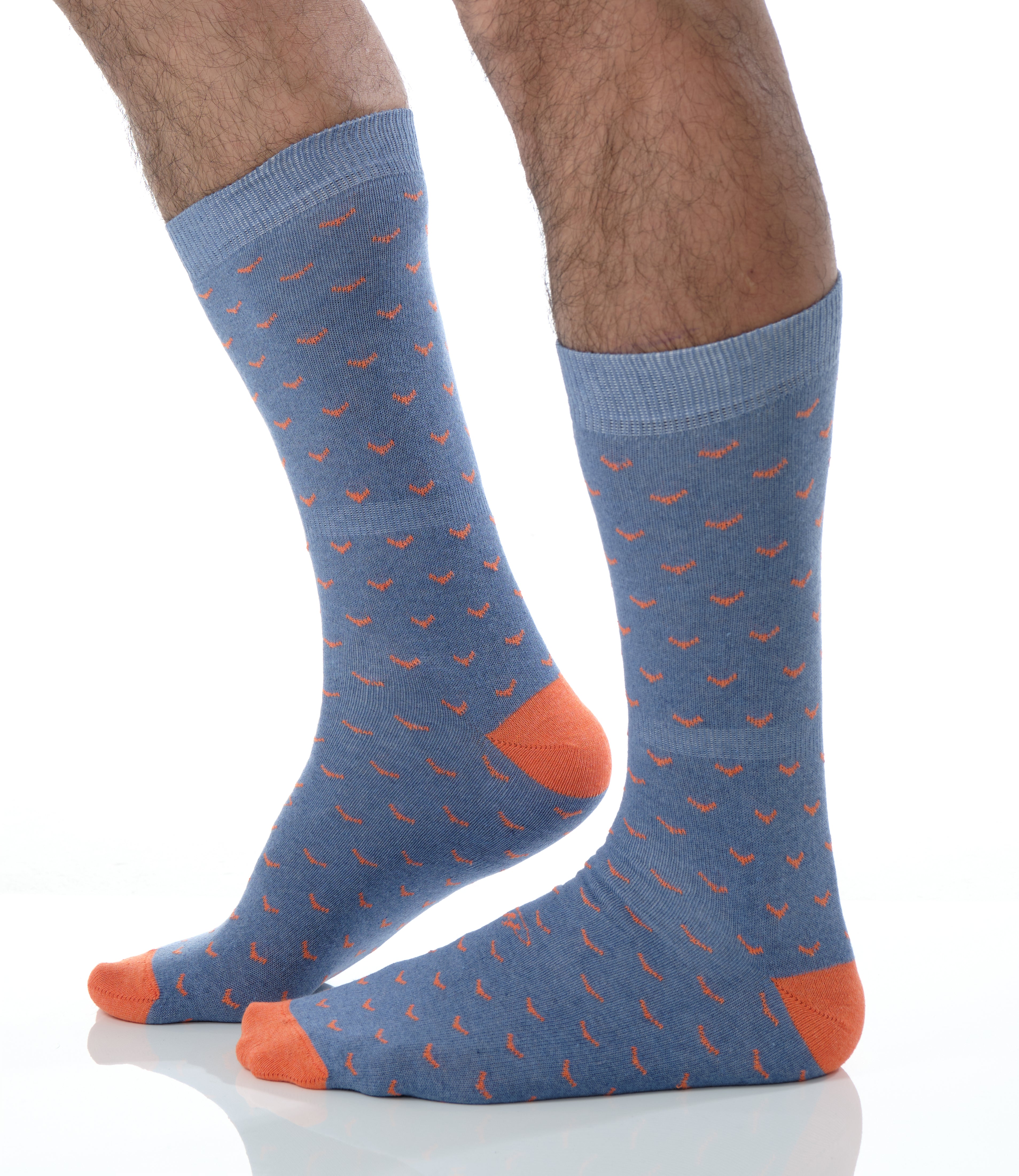 light blue mid calf dress socks with orange bird prints