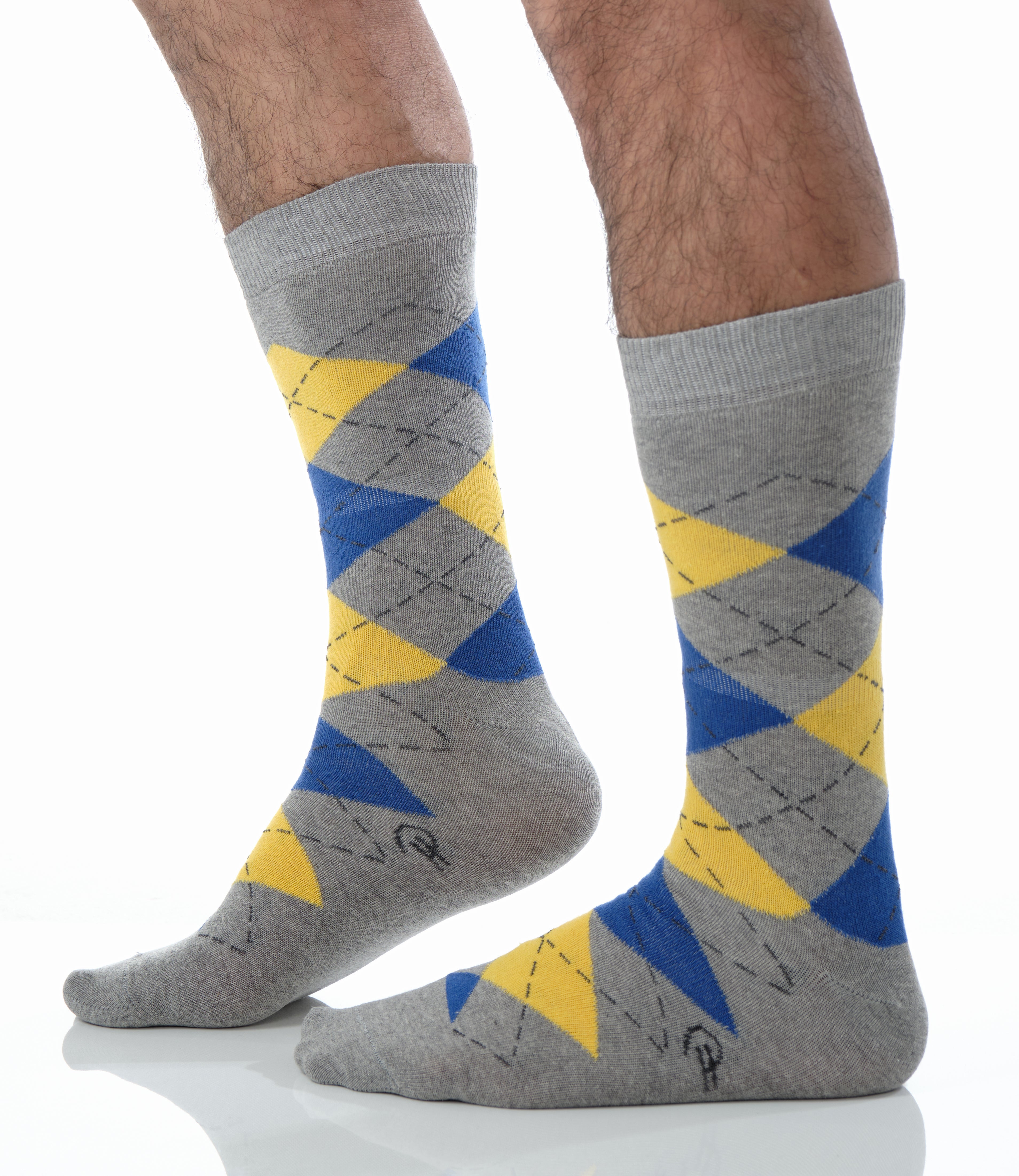 light grey blue and yellow argyle mid calf dress socks