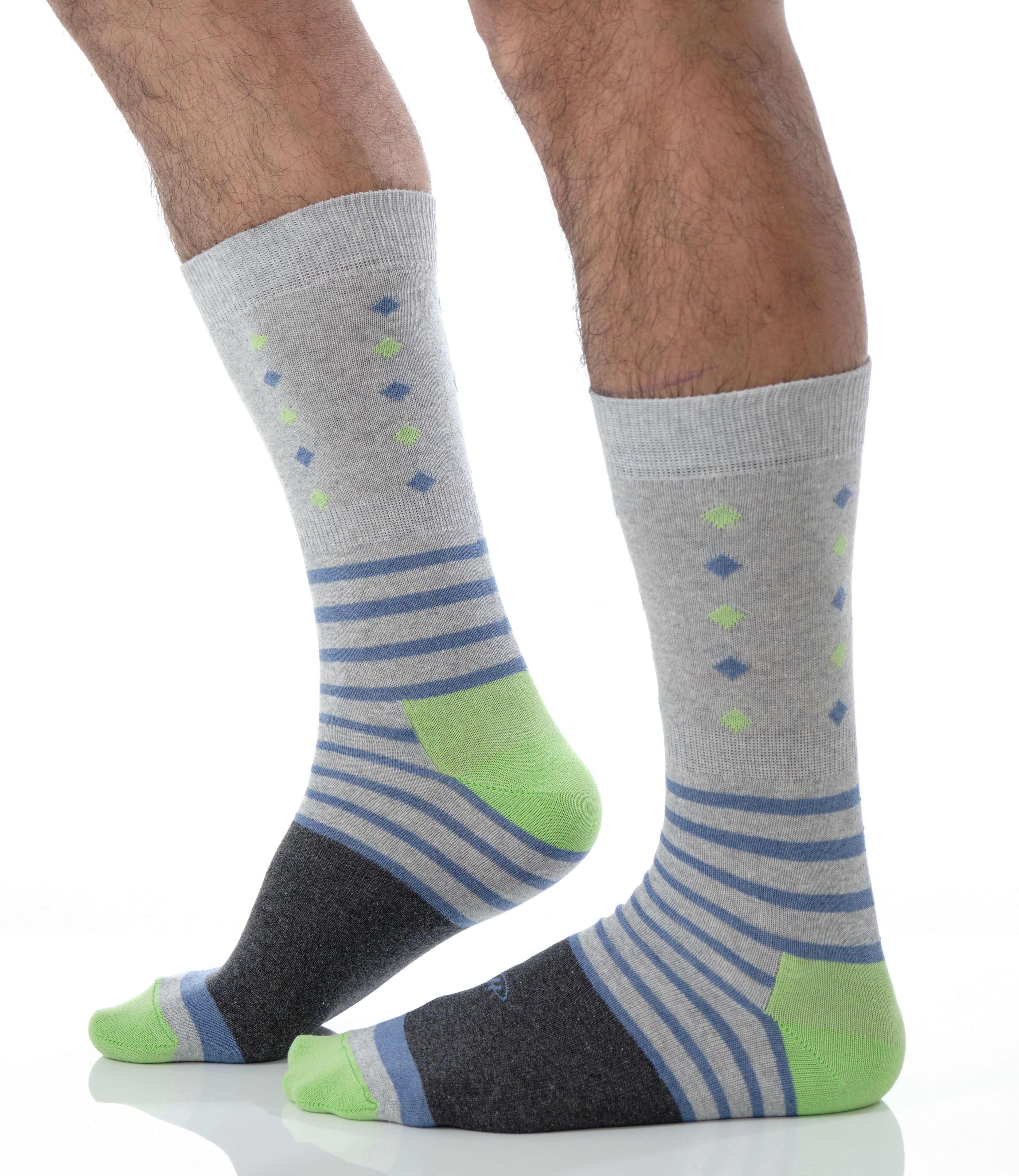light grey mid calf dress socks with blue stripes and lime green and blue prints