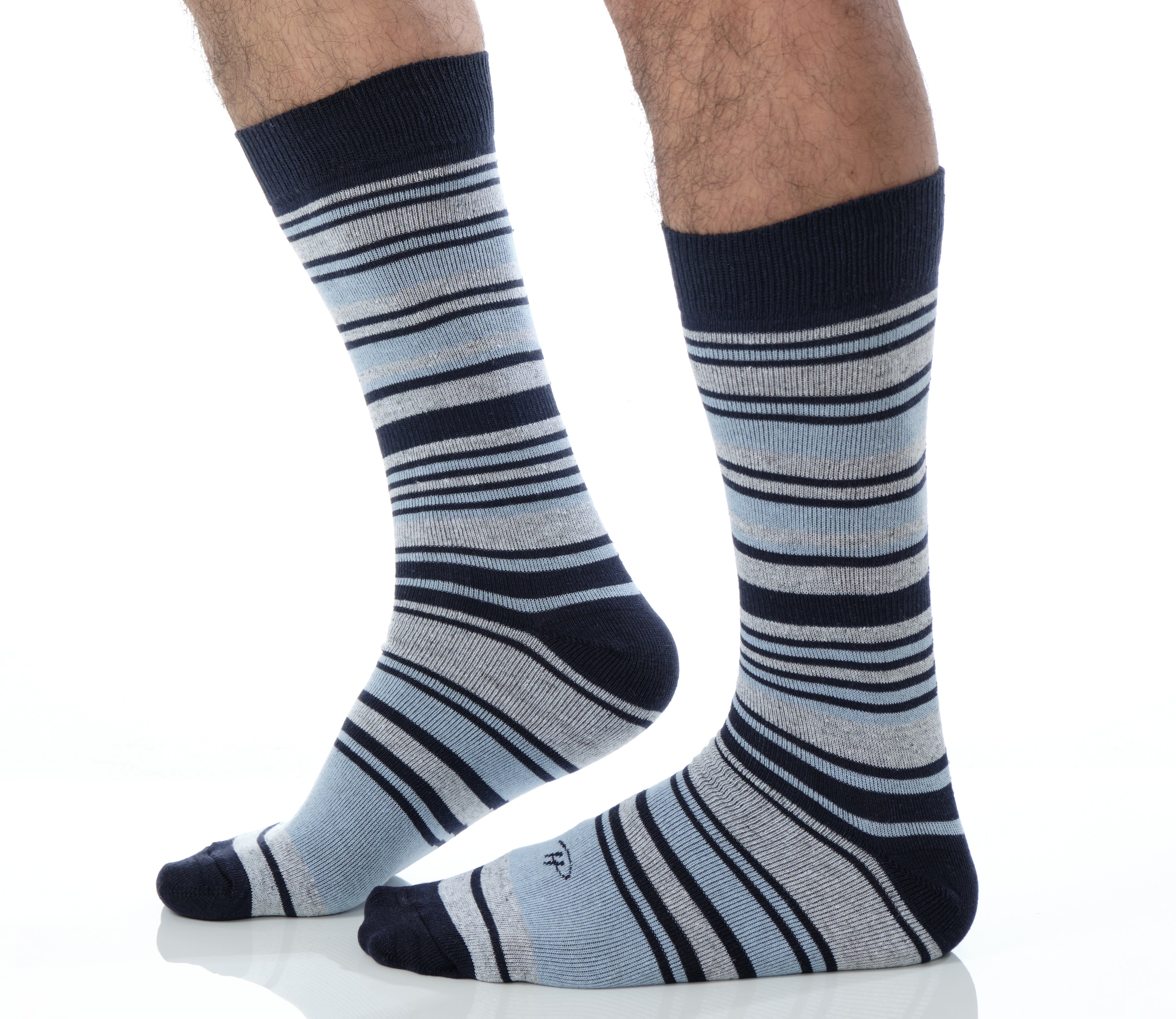 light grey mid calf dress socks with navy and light blue stripes