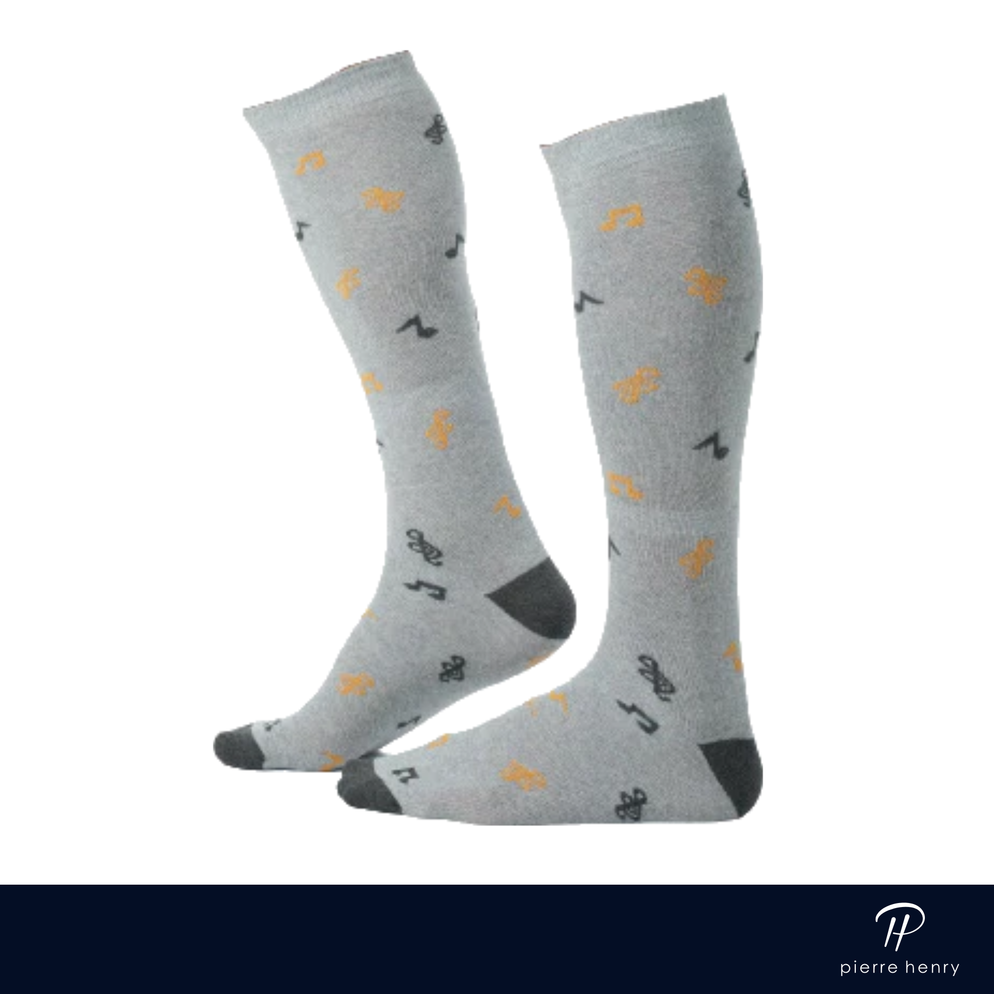 light grey over the calf dress socks with black heel and toe and orange and black music note pattern