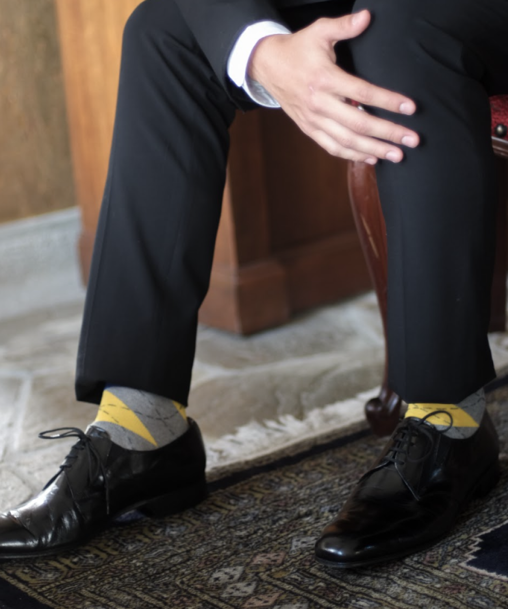 light grey over the calf dress socks with yellow diamond