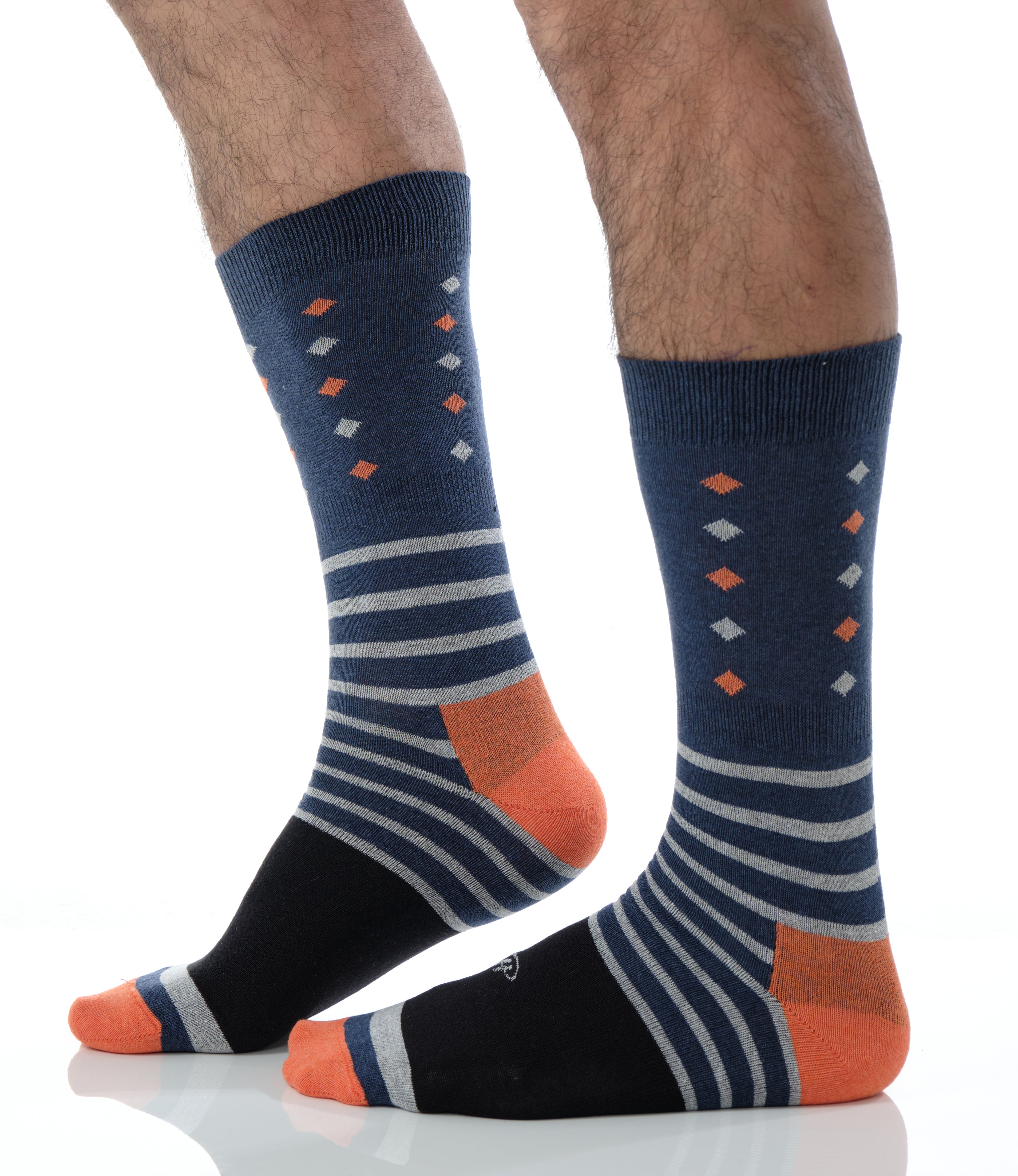navy blue mid calf dress socks with light grey stripes and orange and light grey prints