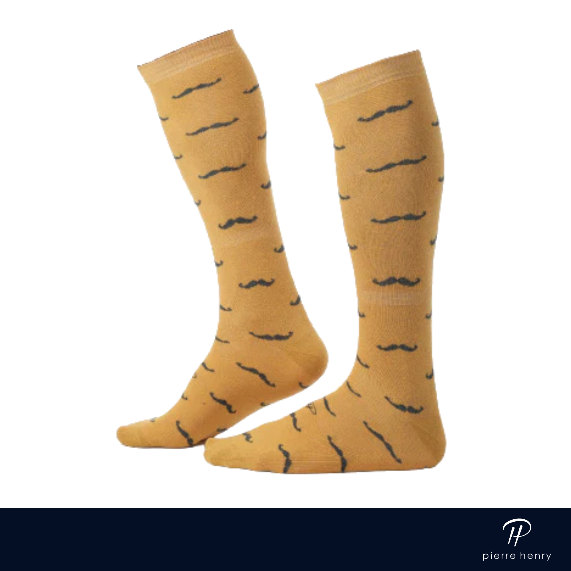 orange over the calf dress socks with black mustache pattern