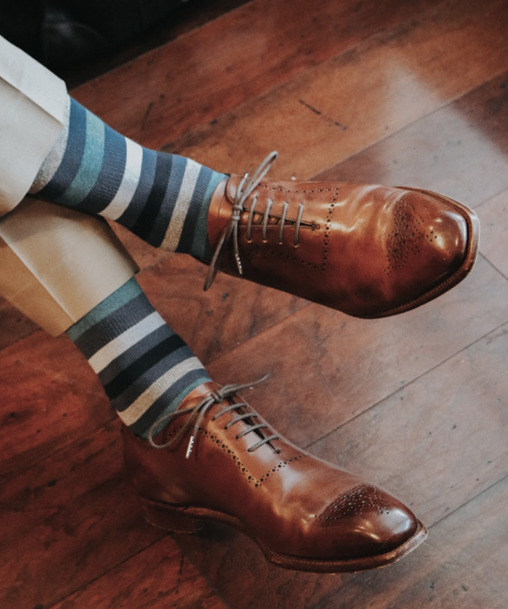 striped grey black beige and greenish grey over the calf dress socks