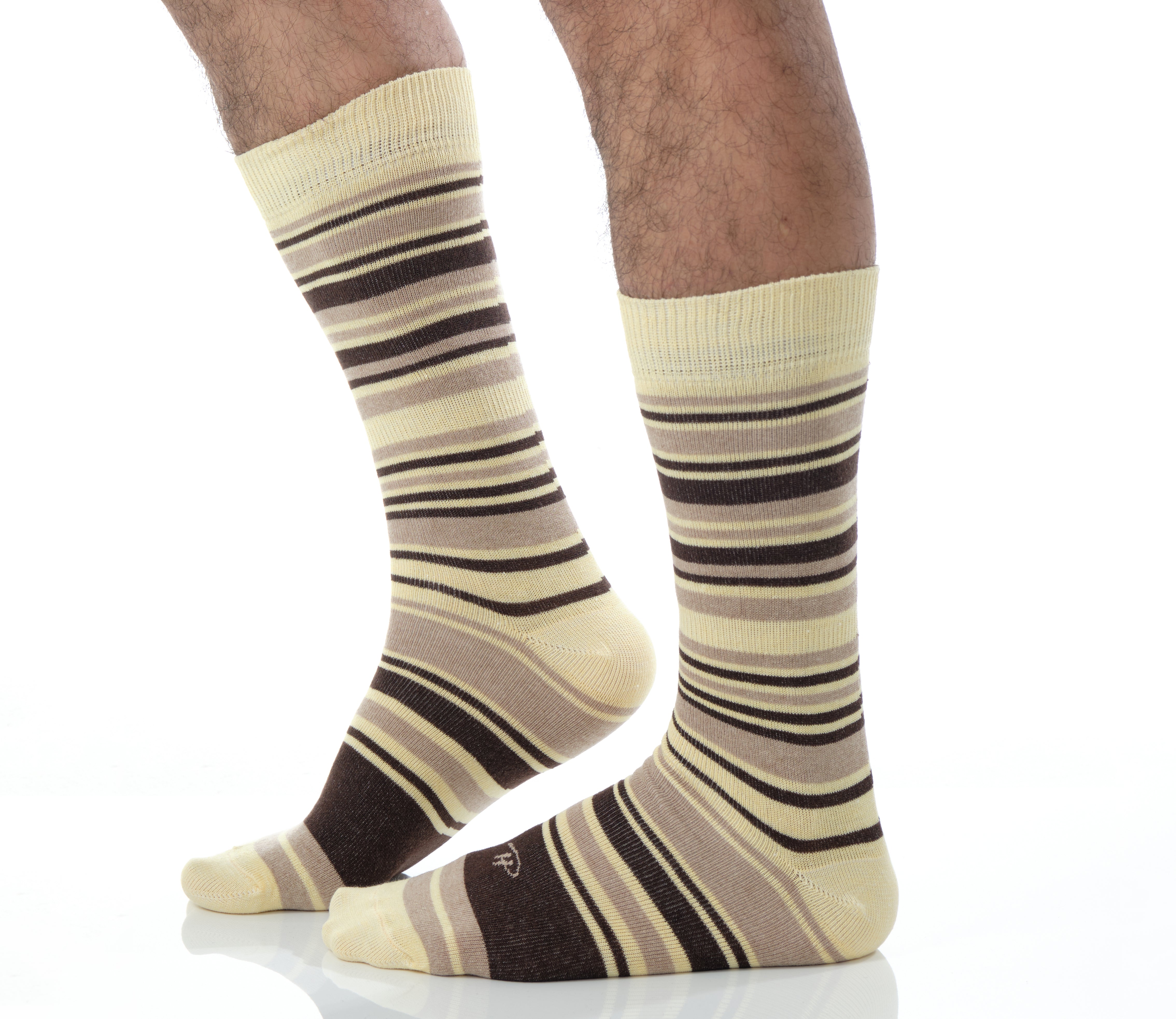 tan mid calf dress socks with brown and light brown stripes