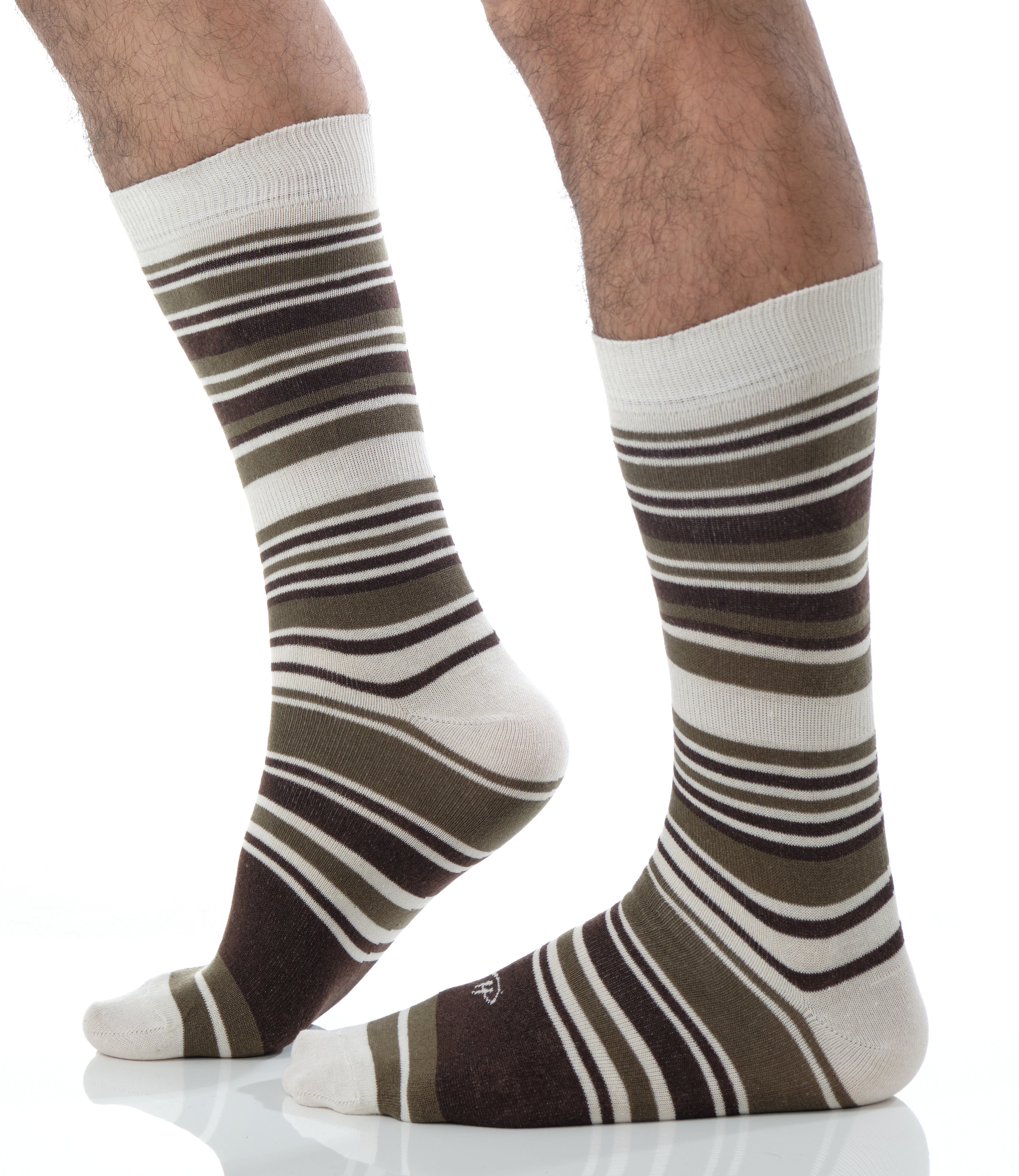 white mid calf dress socks with brown and light brown stripes
