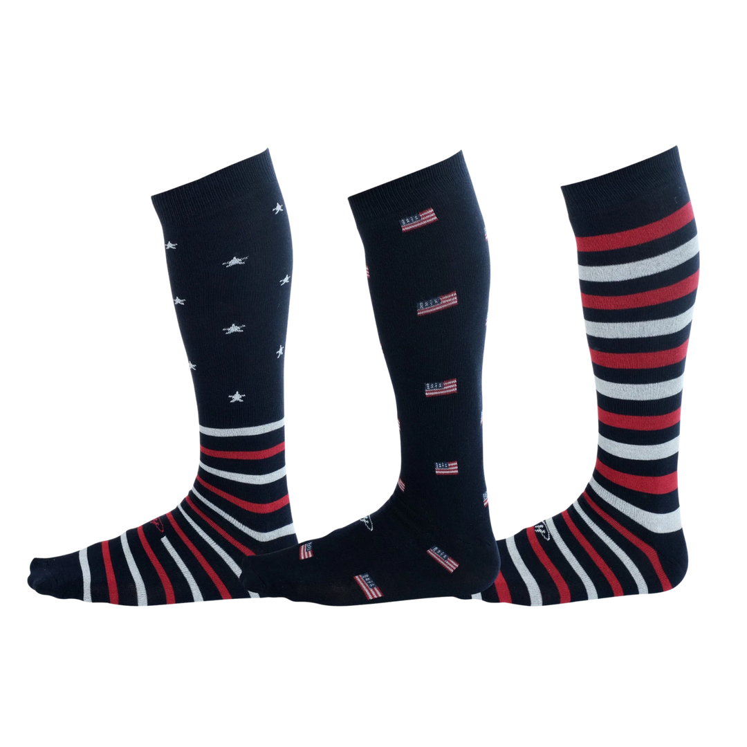 American Flag Colors and Patterns on Cotton Over the Calf Dress Socks (3 Pairs)