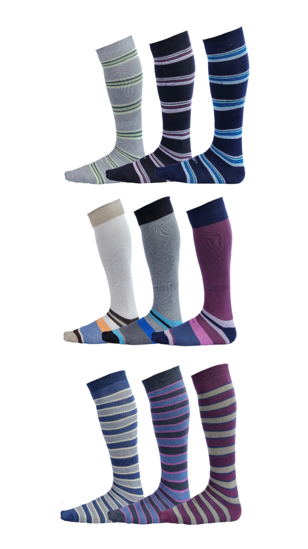 Blue, Burgundy, and Green Stripes on Cotton Over the Calf Dress Socks