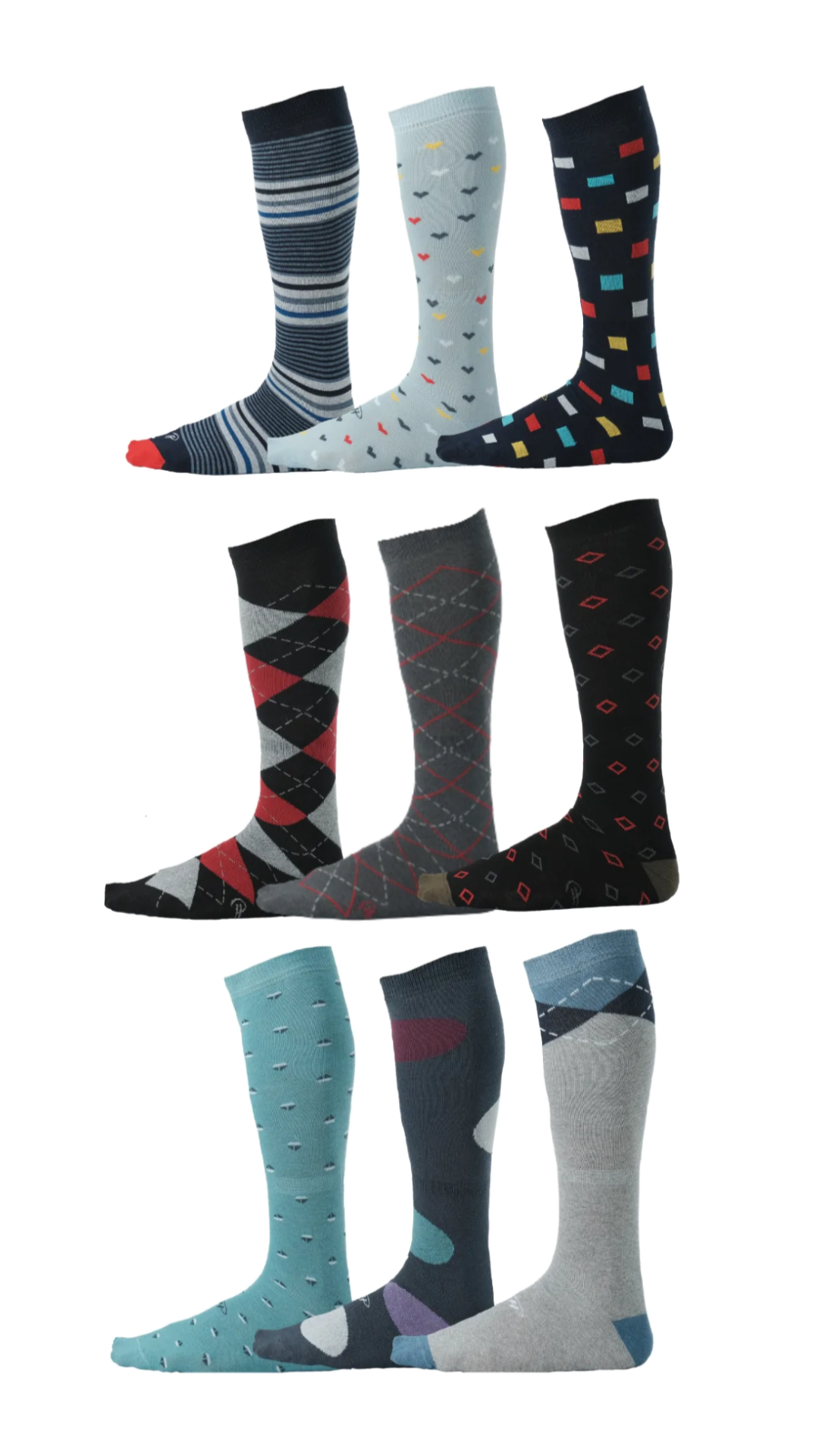 striped, argyle, oval, and different patterned over the calf dress socks in light grey, light blue, grey, black, and navy colors