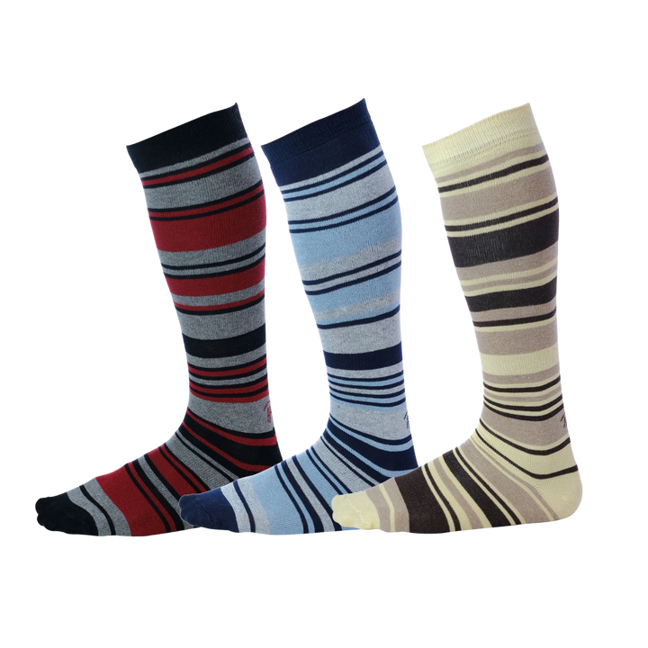 Red, blue, and brown striped over the calf socks