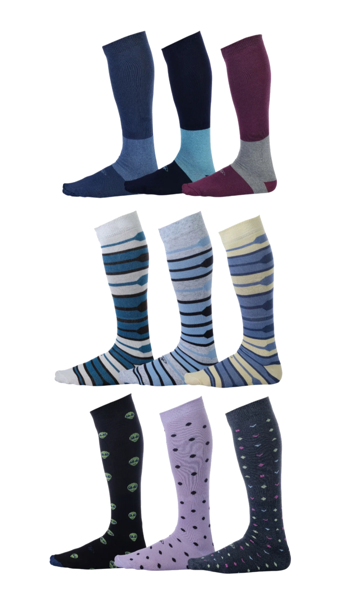 patterned, Blue, burgundy, and black pairs of Pierre Henry Over the Calf Dress Socks