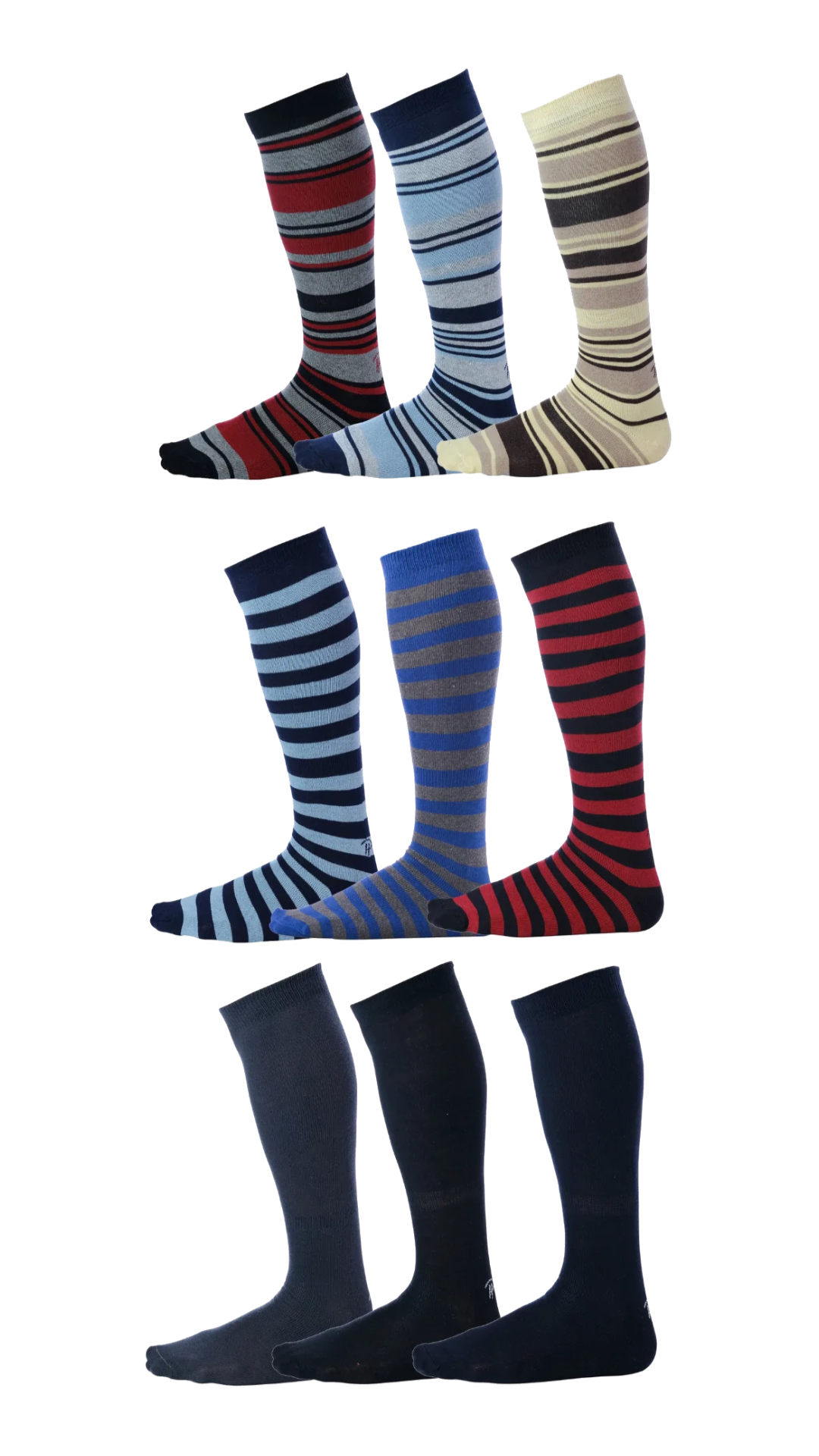 striped and solid color over the calf dress socks in red, yellow, blue, and grey, light blue, and brown colors