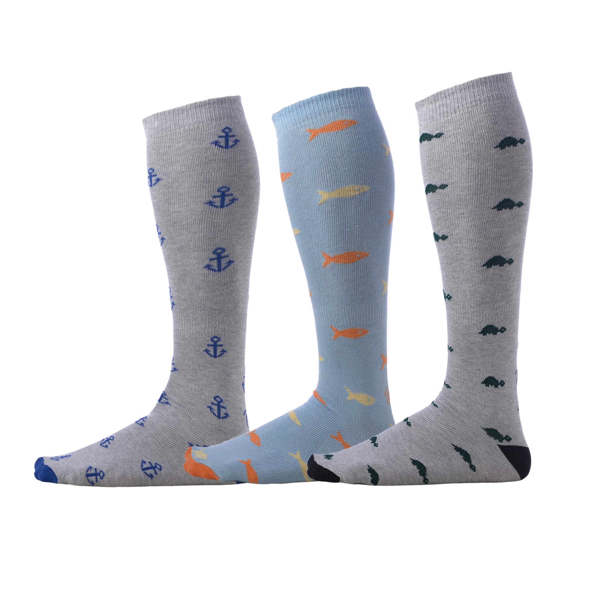 light grey dress socks with blue anchors, light blue dress socks with colored fish, light grey dress socks with green turtles