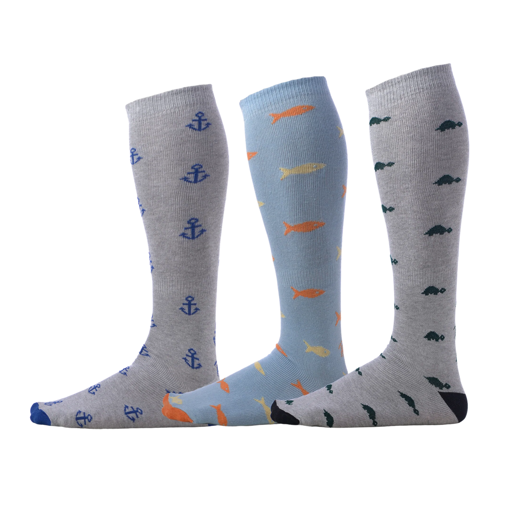 Anchors, fish, and turtle printed pairs of Pierre Henry Over the Calf Dress Socks
