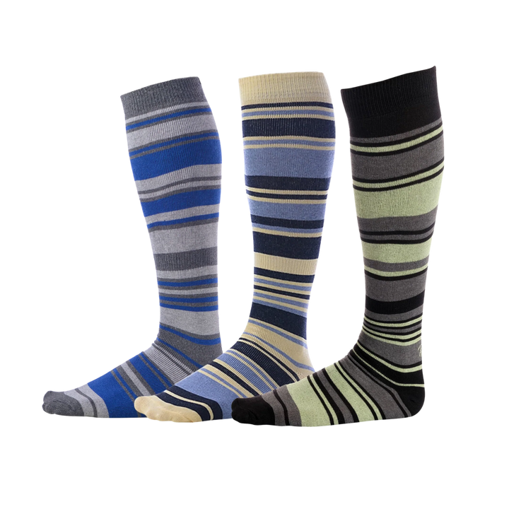 Gray, beige, and black striped socks