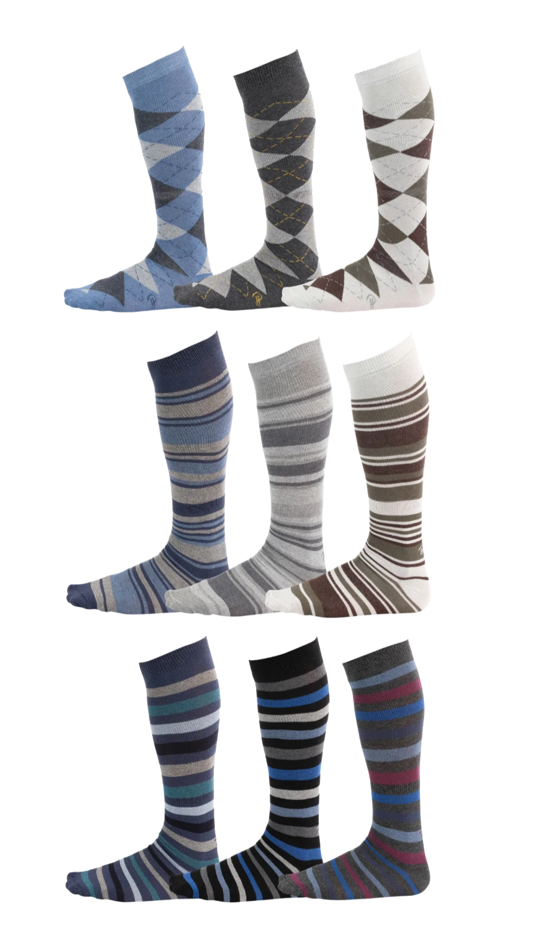 Blue, gray, and white assorted prints of over the calf dress socks