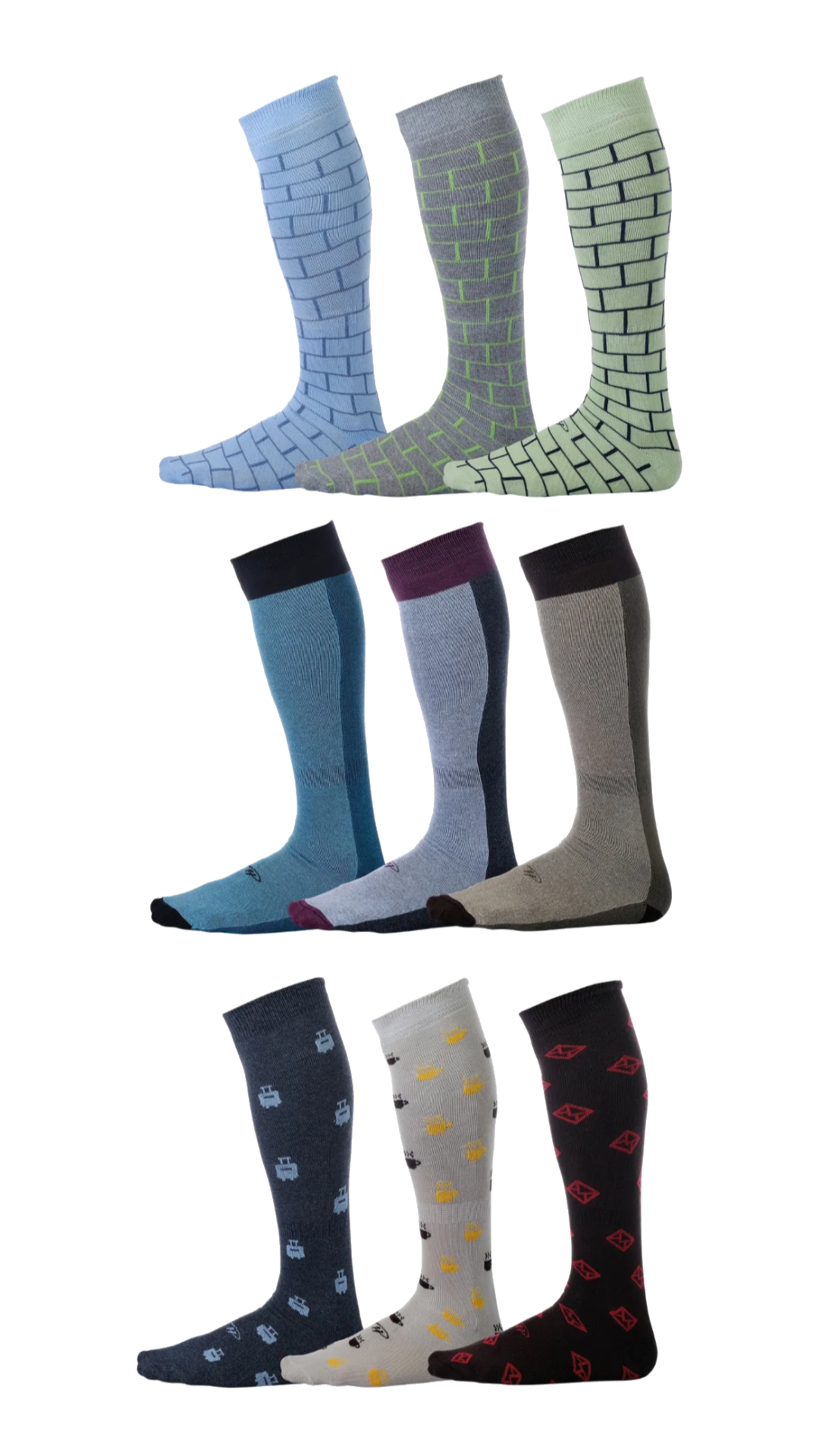 bricked patterned, patterned, and single striped over the calf dress socks in light blue grey green navy light brown and brown