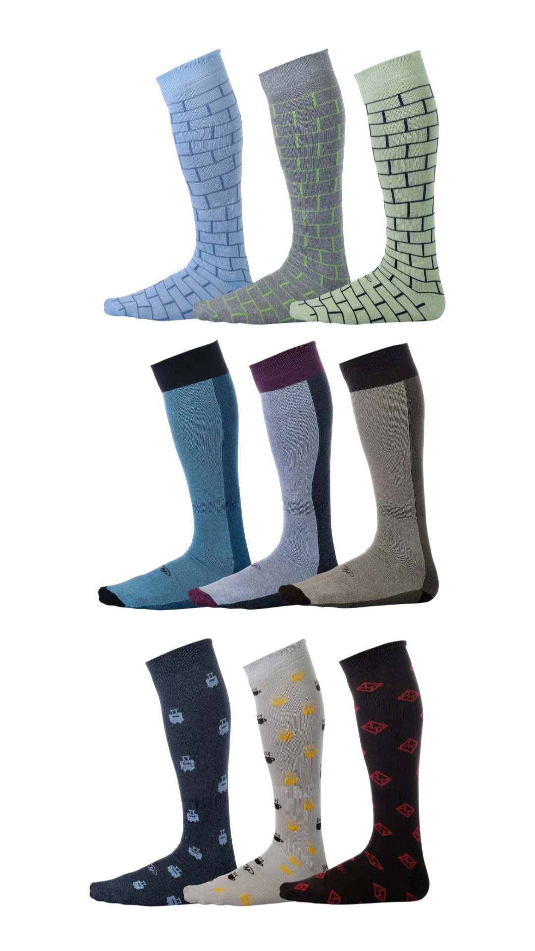 Gray, blue, and green assorted prints of over the calf dress socks
