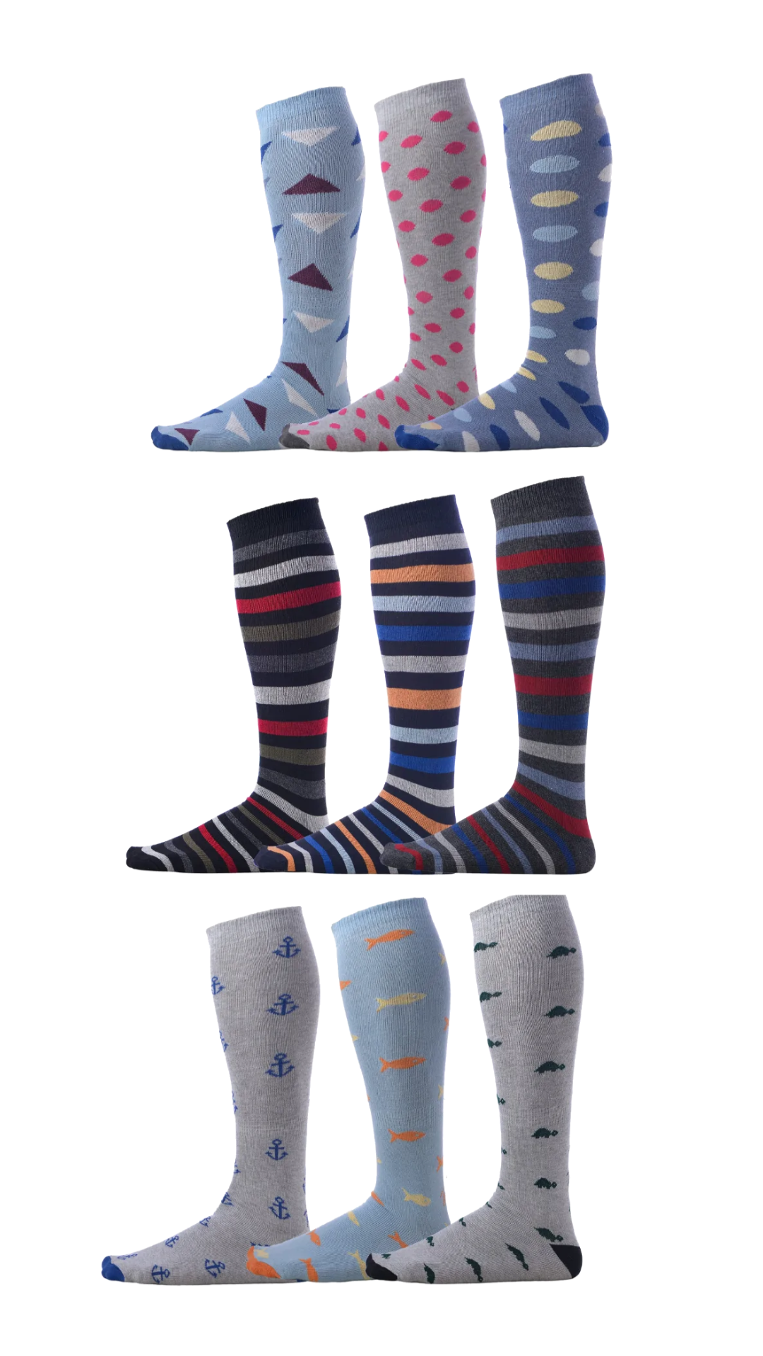colored striped shaped and colored patterned over the calf dress socks in light blue grey and royal grey