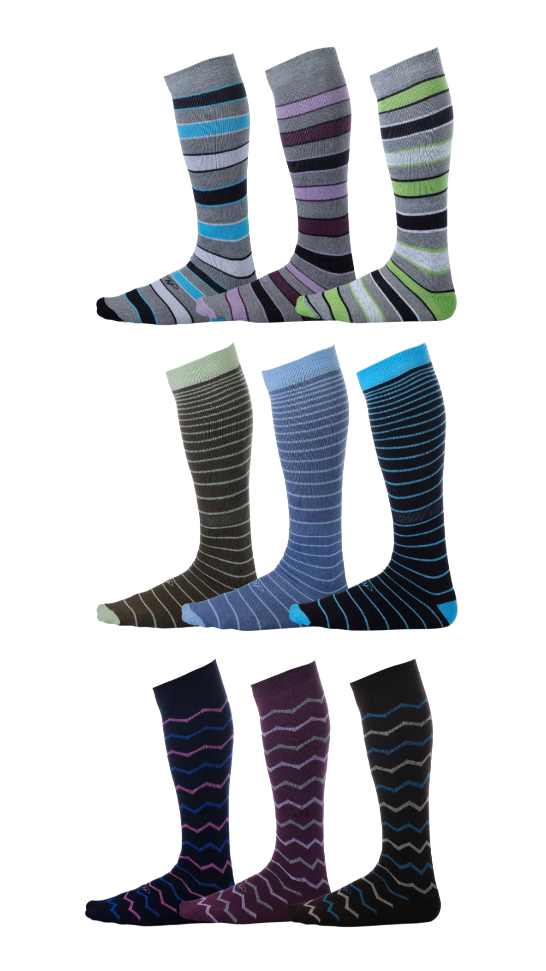 striped and squiggly over the calf dress socks in grey brown blue burgundy black and dark brown colors