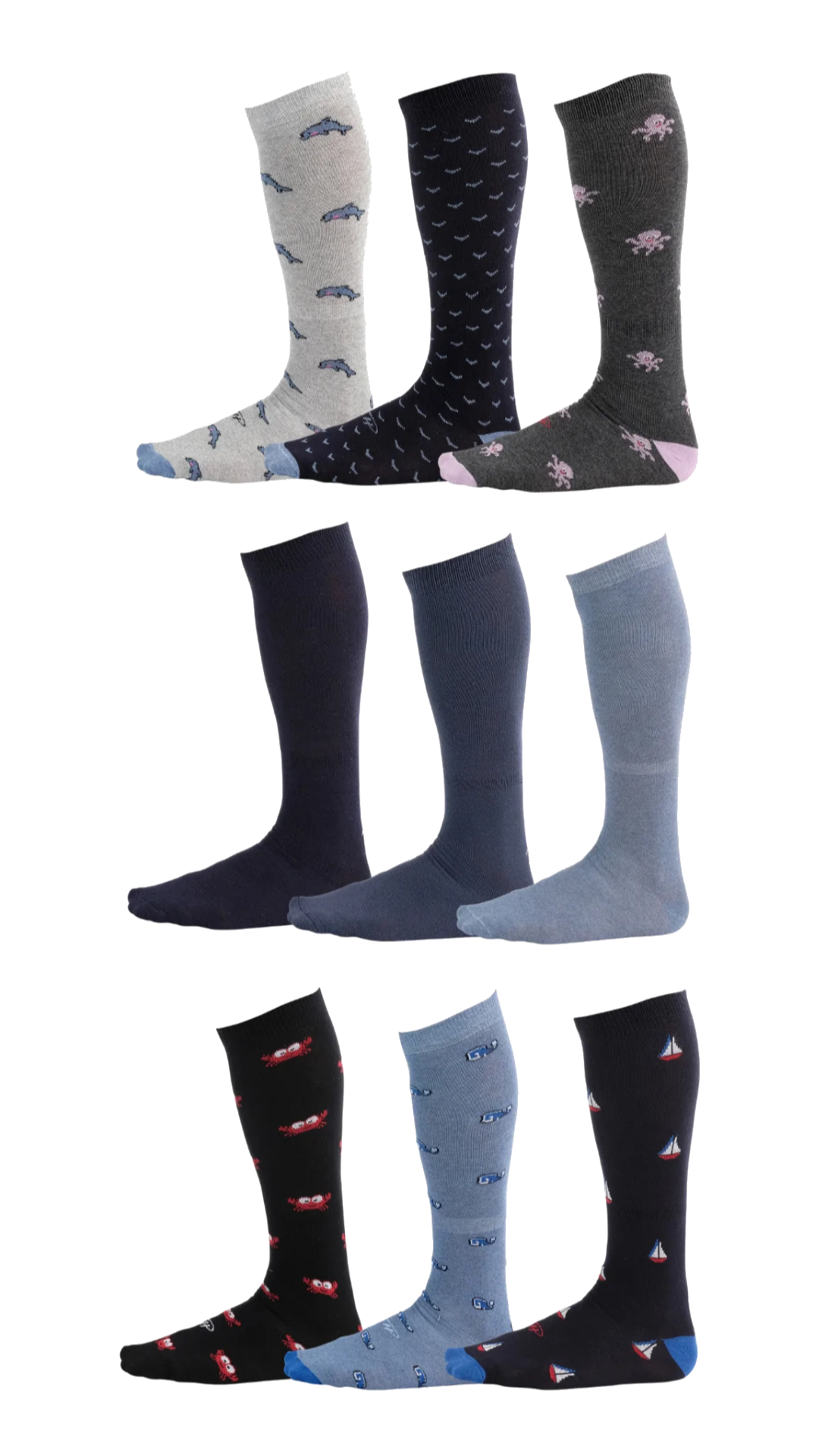 Sea prints on over the calf dress socks, solid over the calf dress socks, navy dress socks, light blue dress socks, black dress socks