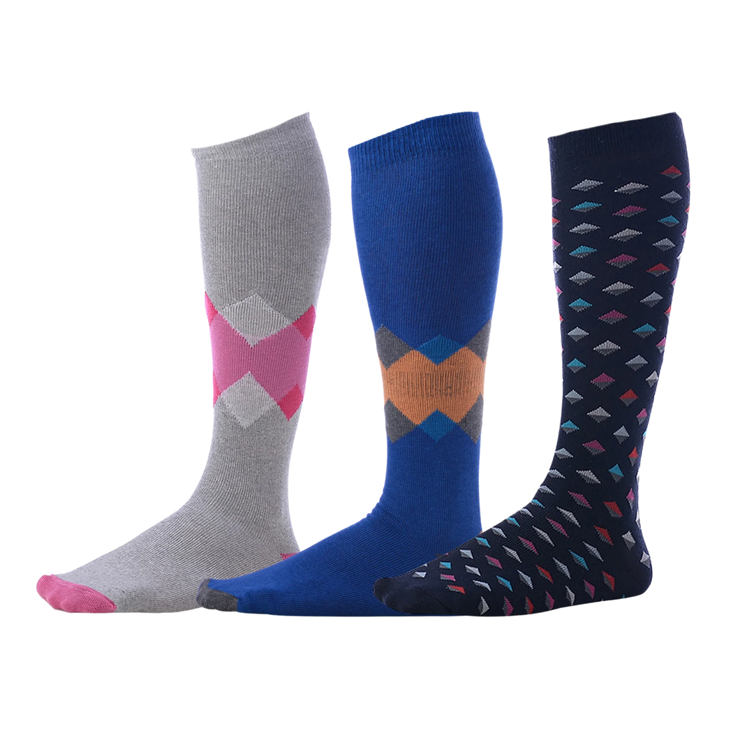 Assorted patterns gray, blue, and navy blue over the calf socks