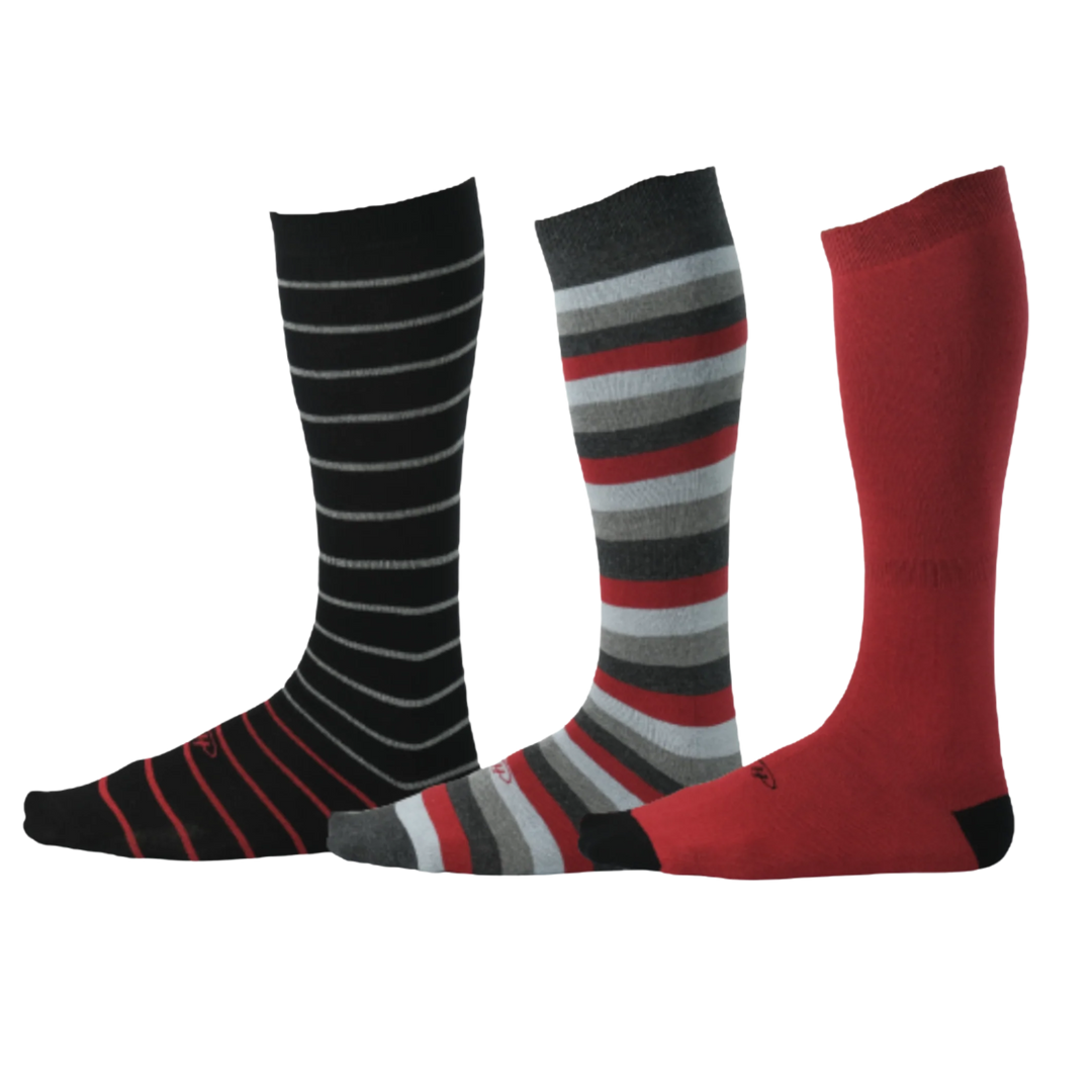 Black, red, and gray assorted over the calf socks with stripes