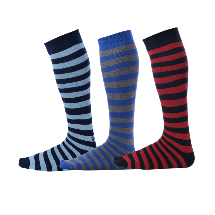 Striped over the calf blue, red, and royal blue socks
