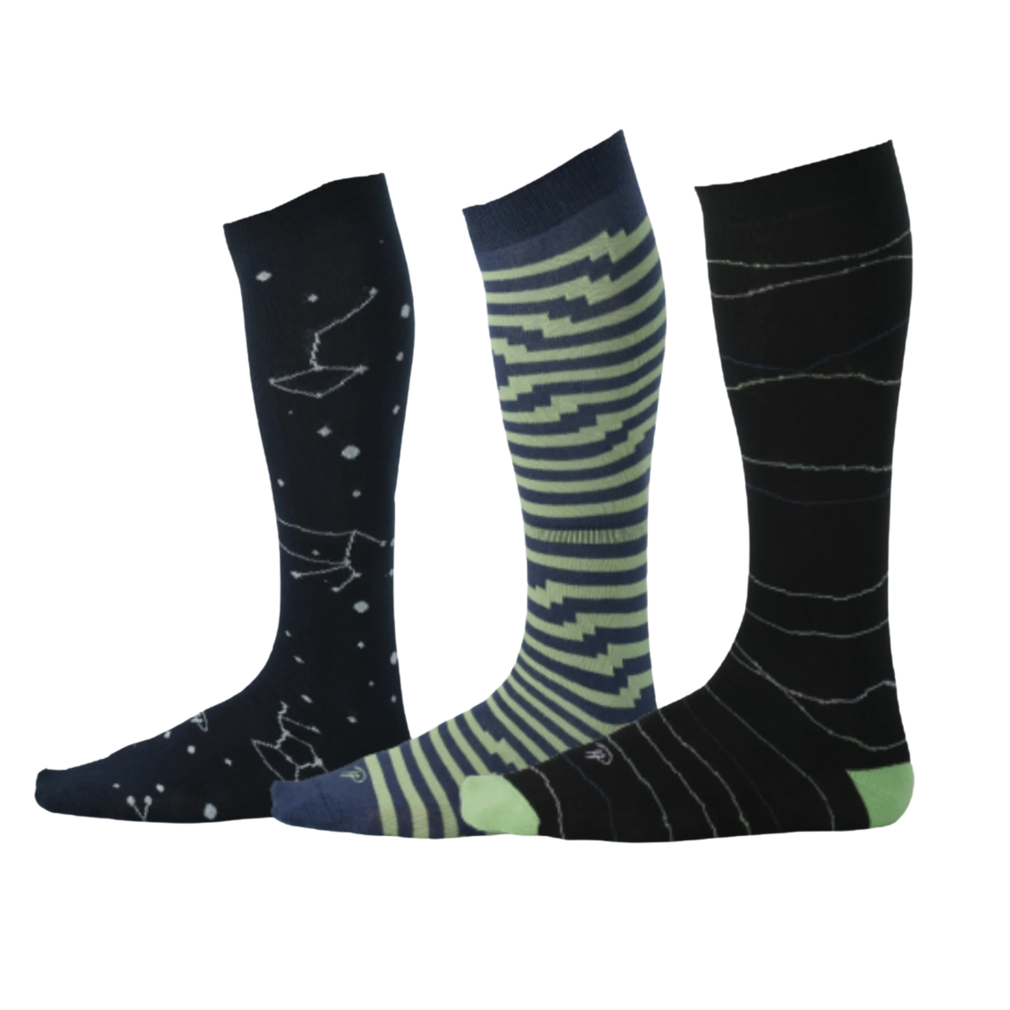 navy blue dress socks with constellations, blue dress socks with green stripes, black dress socks with green squiggly lines
