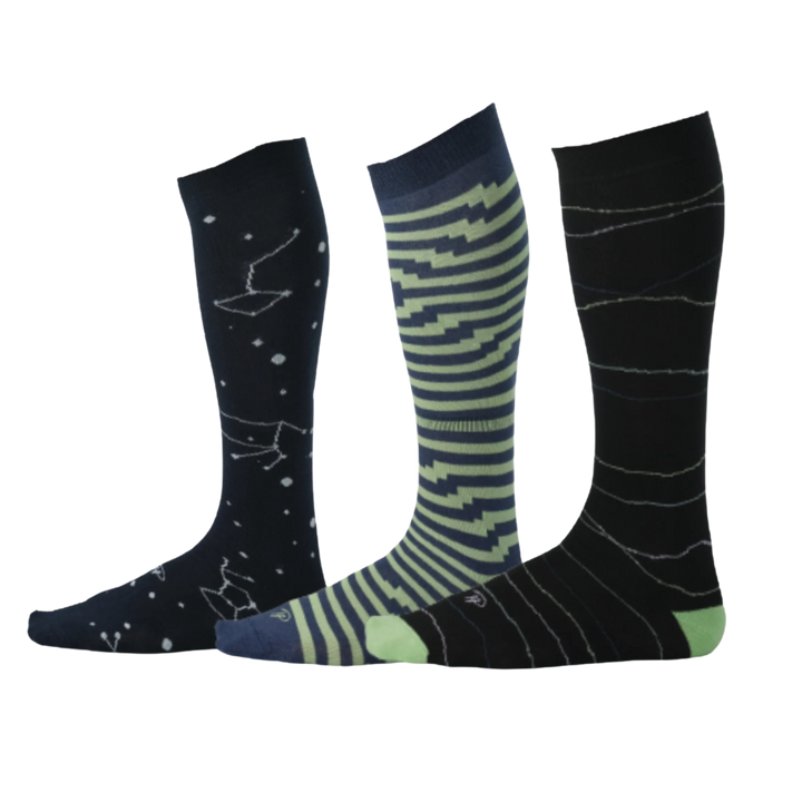 Blue, green, and black over the calf socks with designs