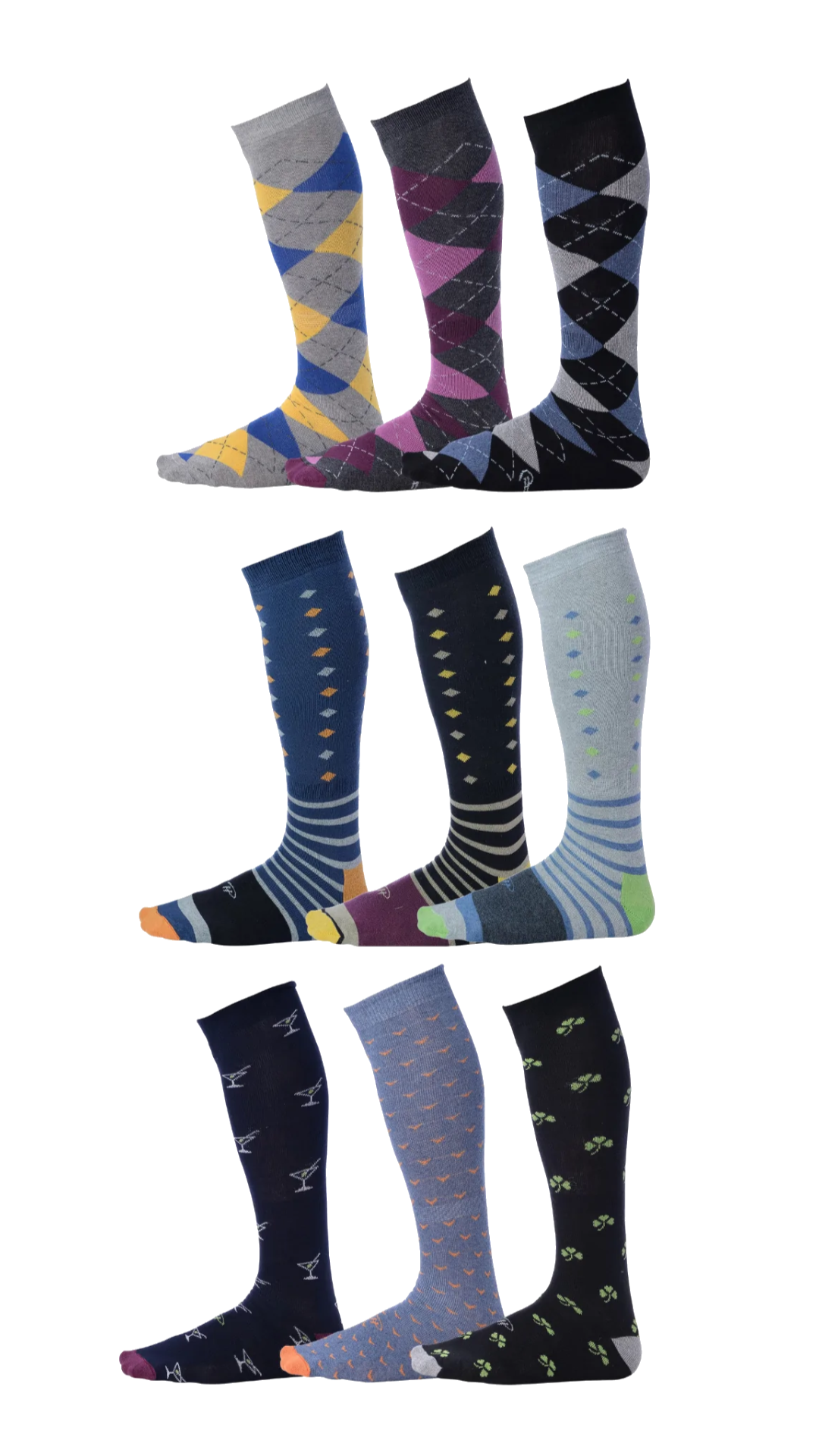 argyle diamond and patterned over the calf dress socks in light grey black grey dark blue navy and light blue colors