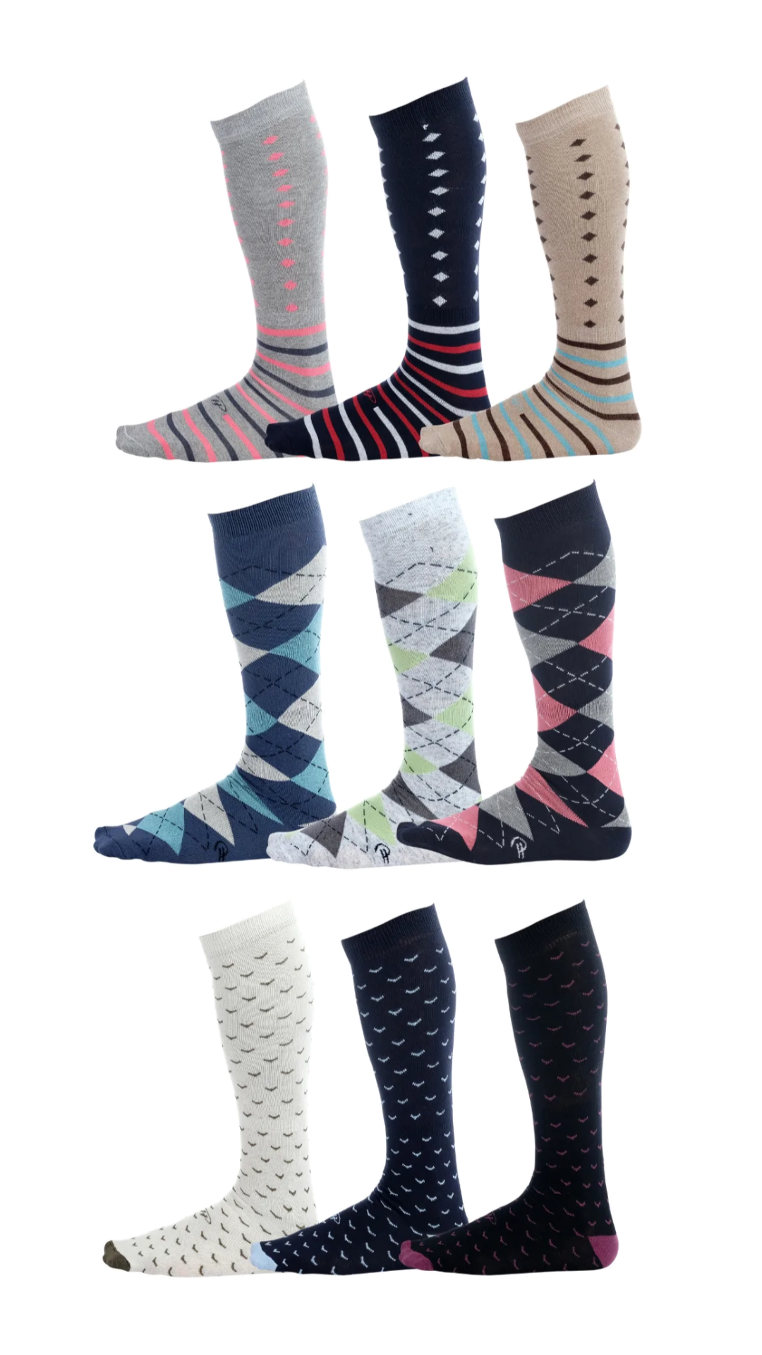 striped diamond patterned argyle and patterned socks in light grey, navy blue, light brown, blue, and black