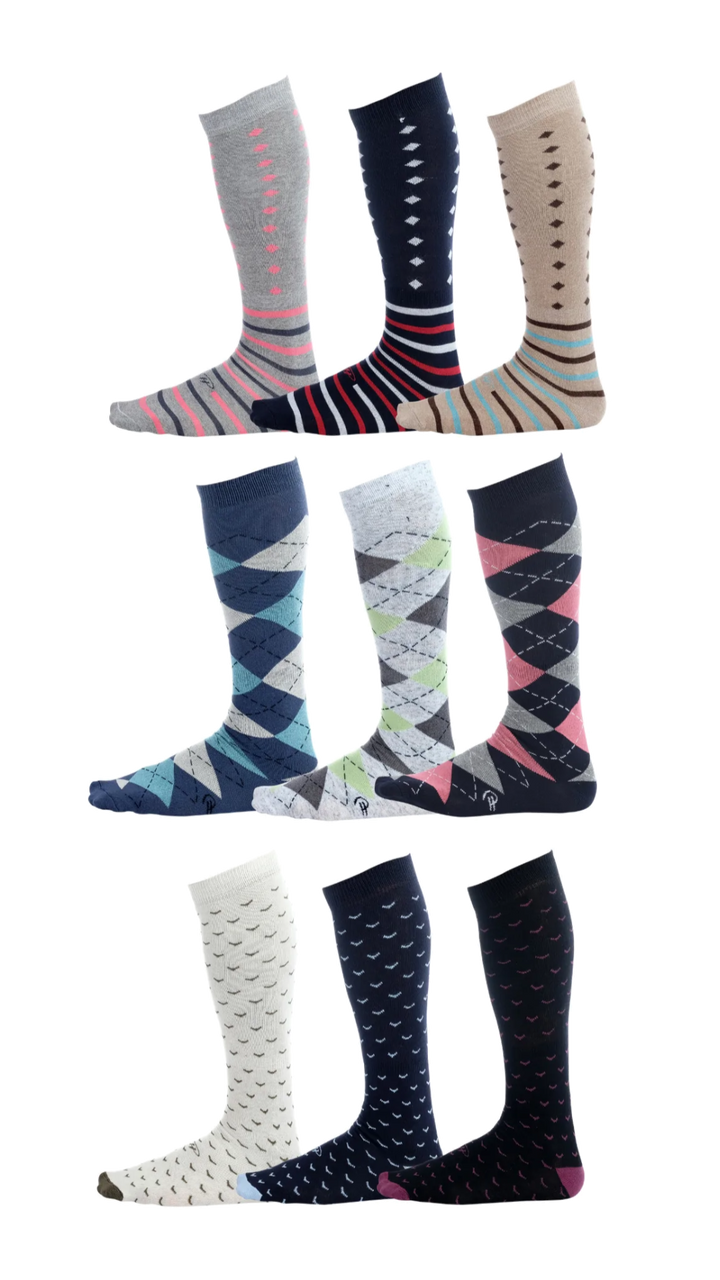 Stripes, Argyles and Dots Cotton Over the Calf Dress Socks (9 Pairs)