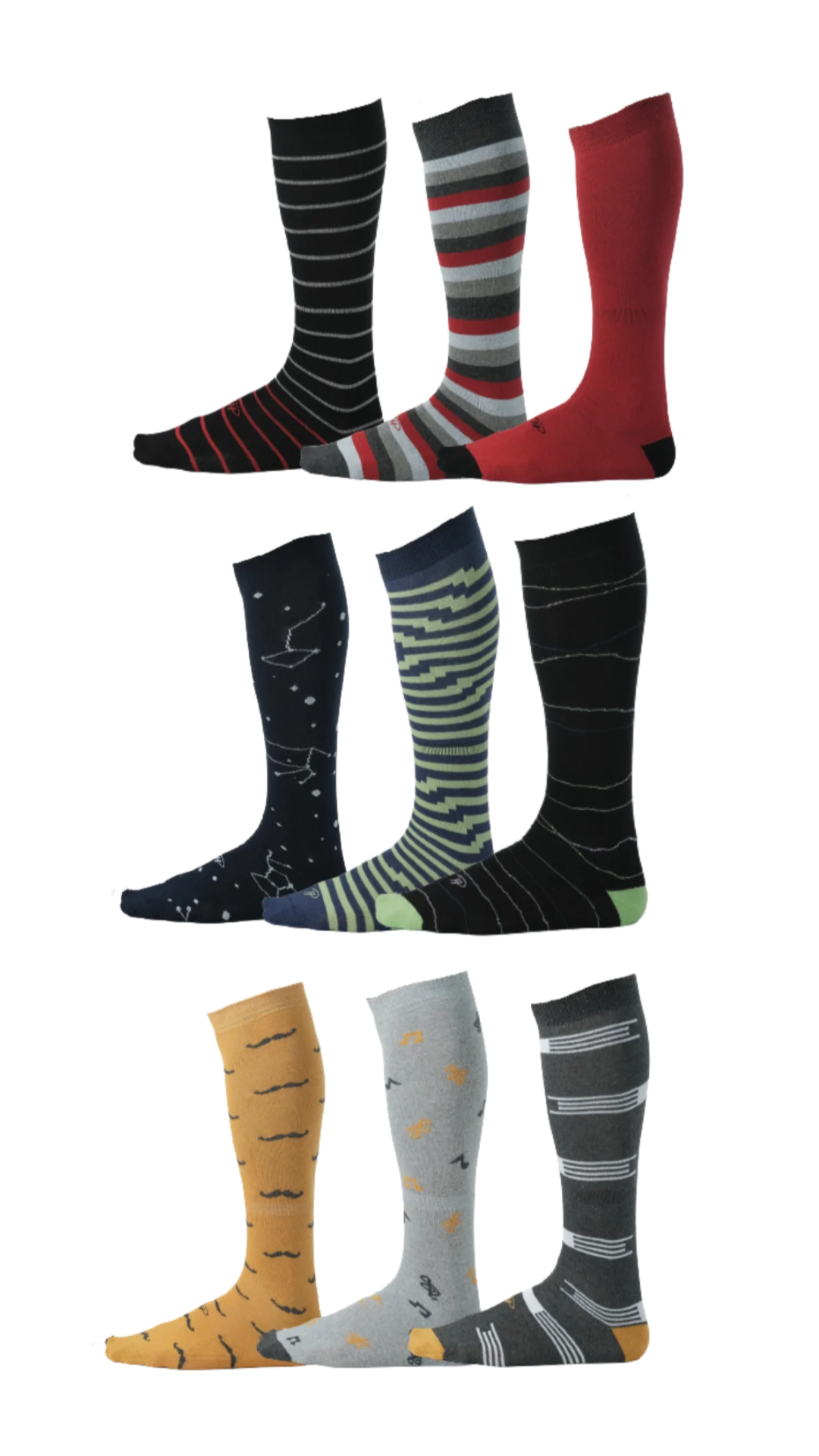 striped, solid, and different patterns over the calf dress socks in red, black, grey, orange, and light grey colors