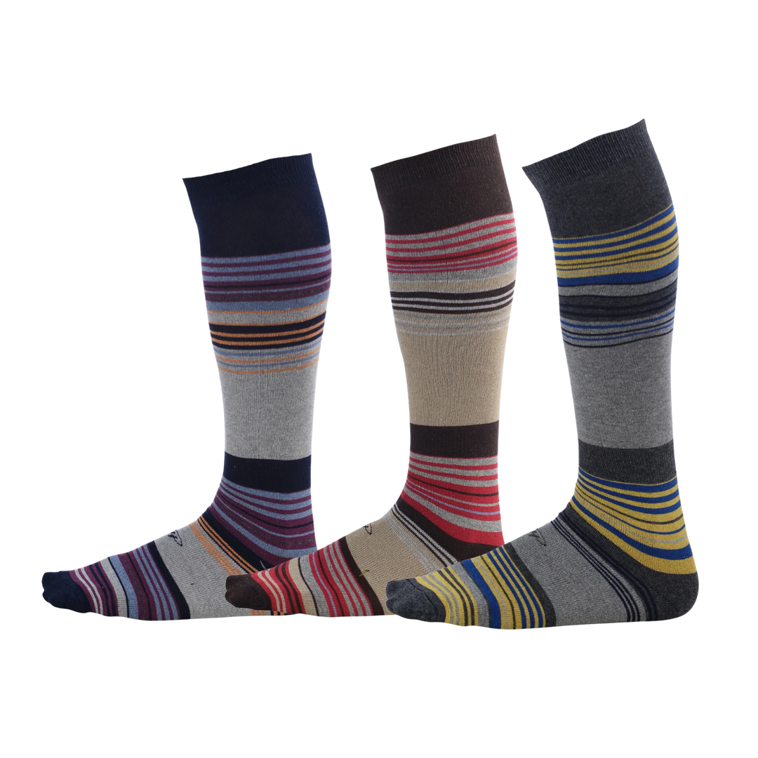Gray, blue, and brown striped pairs of Pierre Henry Over the Calf Dress Socks