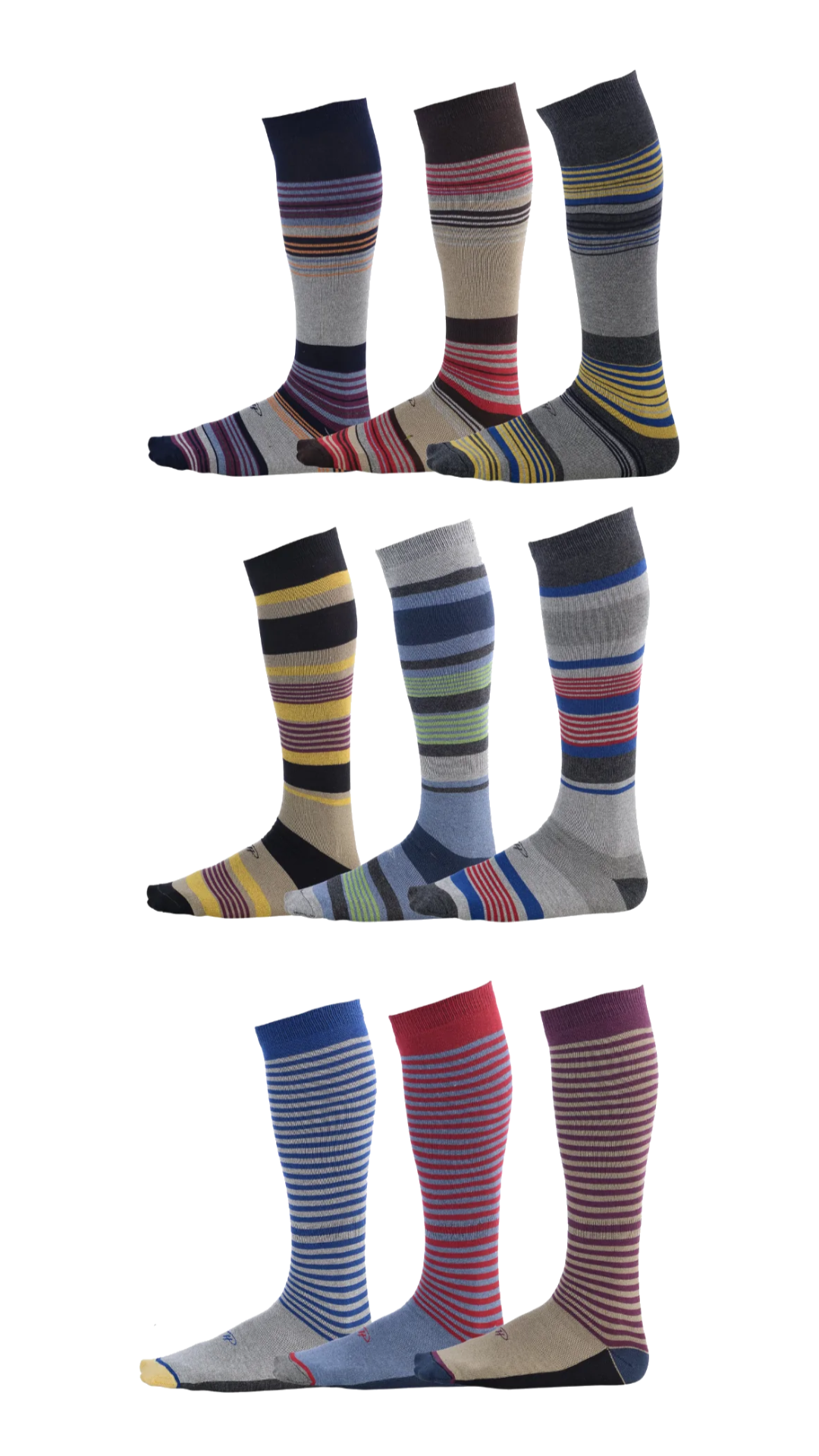 striped over the calf dress socks in blue red purple navy yellow beige and grey colors