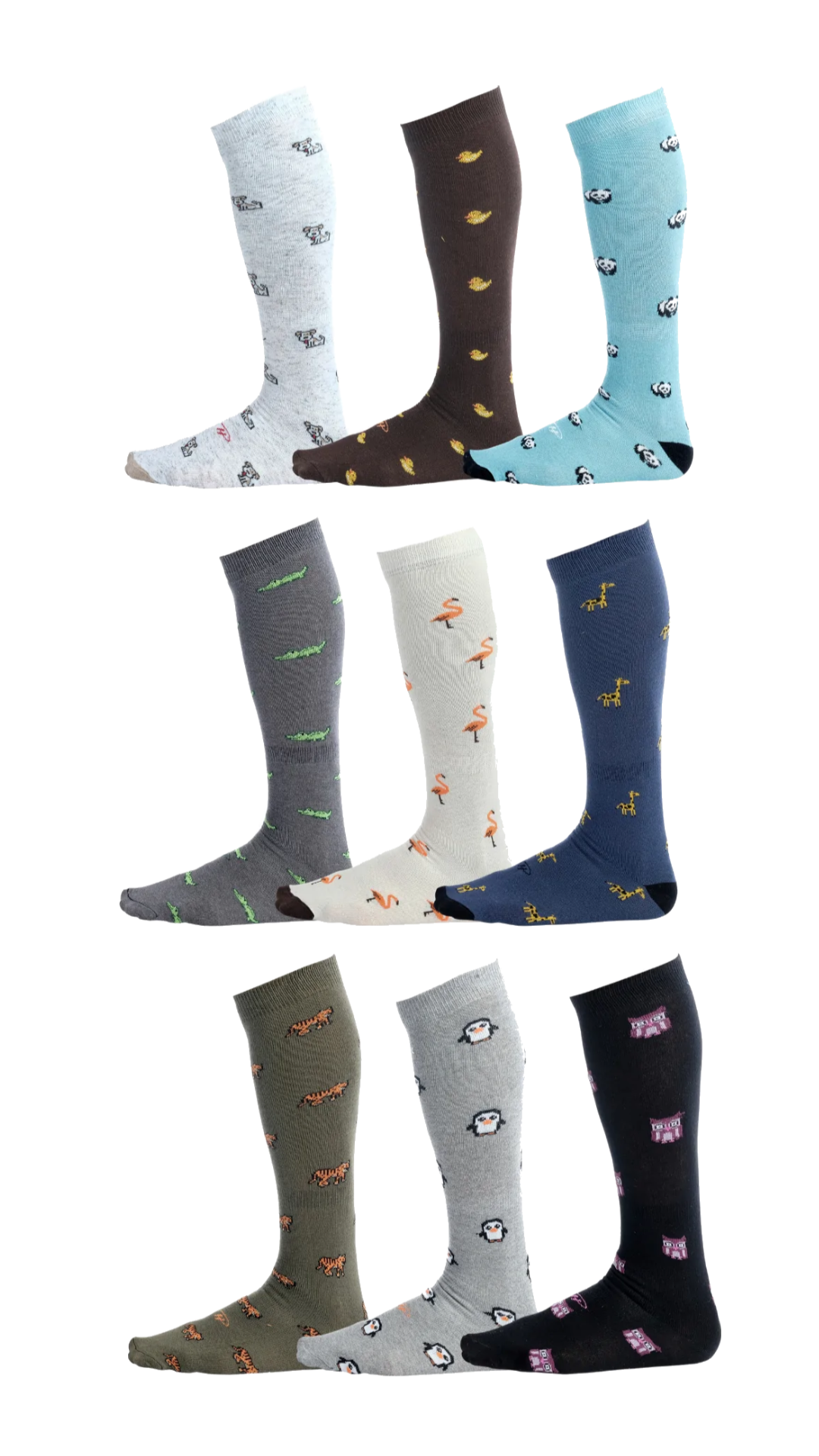 Dog socks, duck socks, panda socks, crocodile socks, flamingo socks, giraffe socks, tiger socks, penguin socks, owl socks
