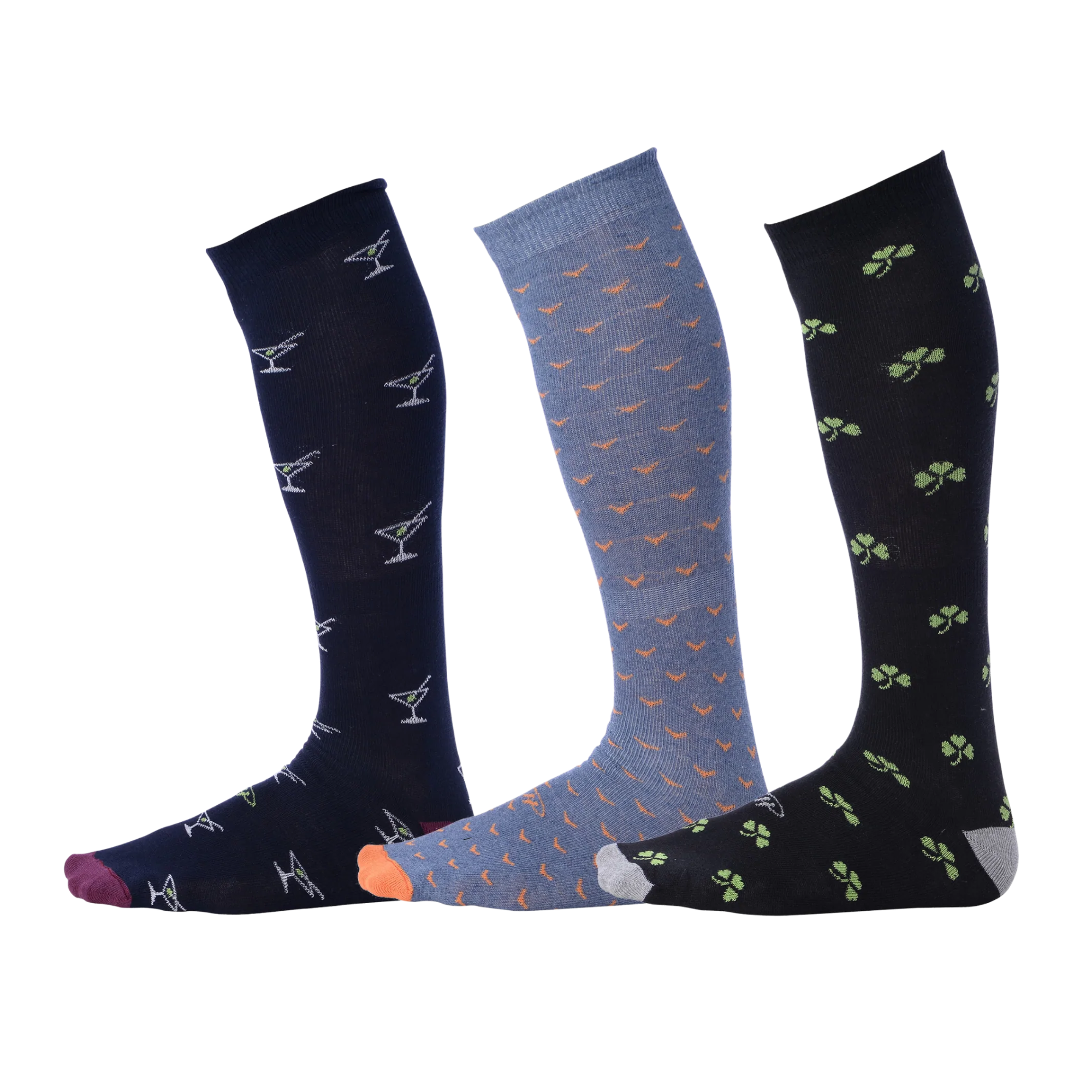 Shamrocks, Martini Glasses, and Birds Cotton Over the Calf Dress Socks Shamrocks, Martini Glasses, and Birds Cotton Over the Calf Dress Socks