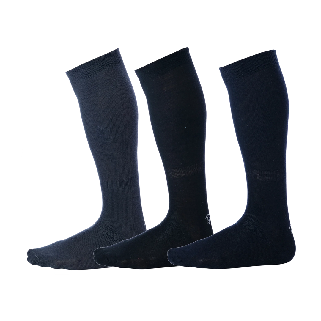 Black, navy blue, and gray pairs of Pierre Henry Over the Calf Dress Socks