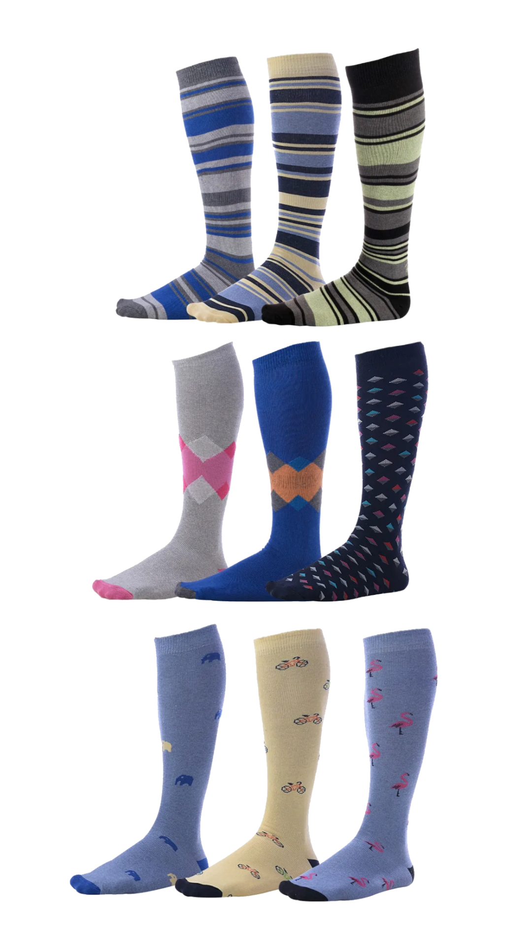 Stripes, Argyles and Fun Figures Cotton Over the Calf Dress Socks (9 Pairs)