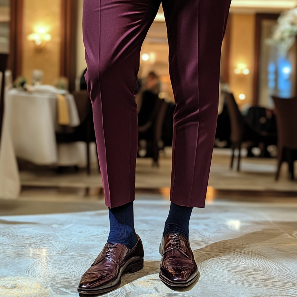 Man wearing a burgundy suit with navy blue socks