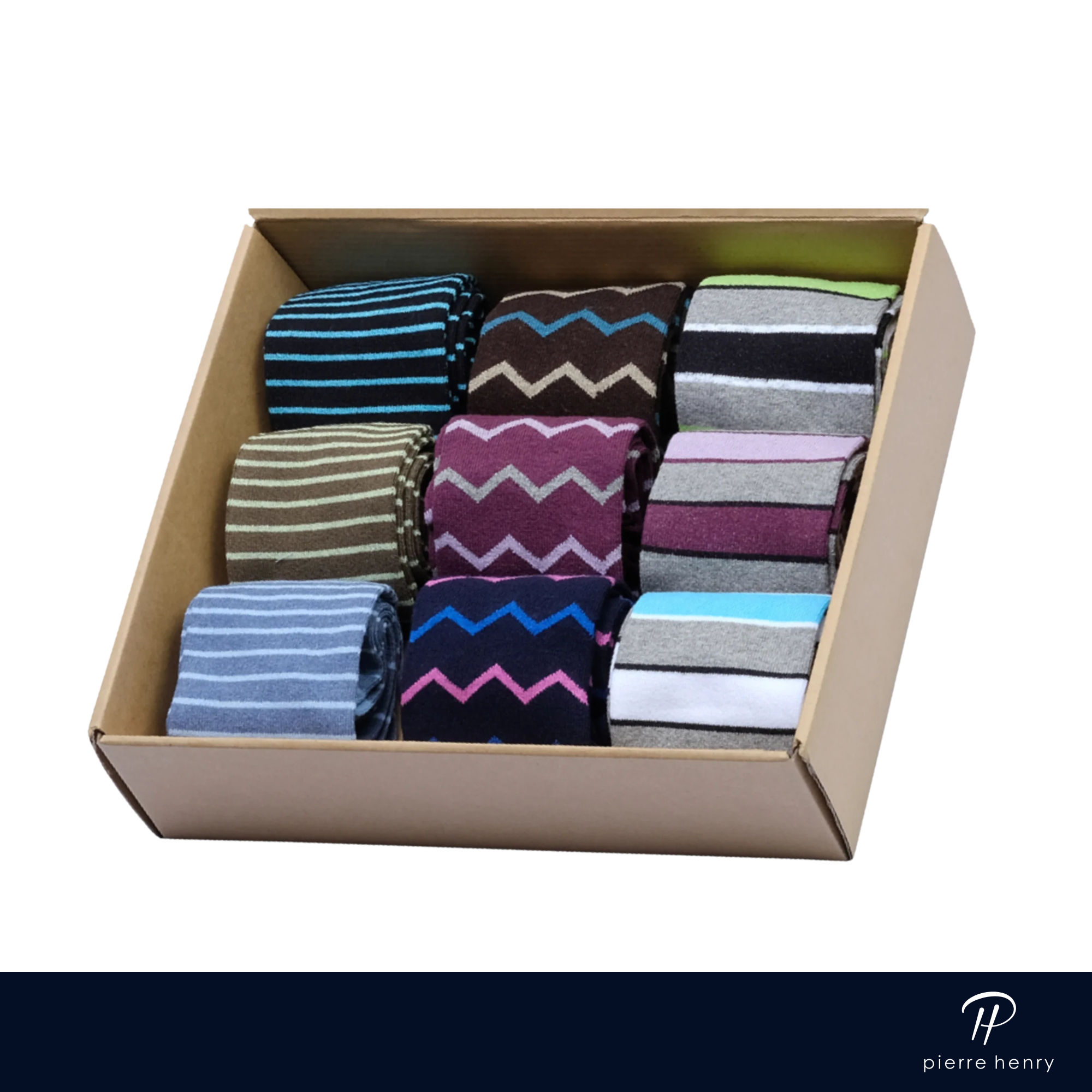 box of dress socks for men, brown dress socks, light grey dress socks, striped dress socks, zigzag dress socks